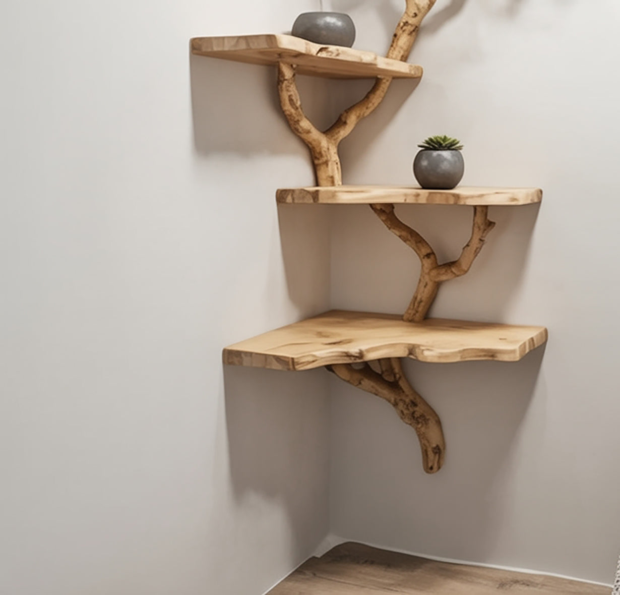 Corner Tree Shelf – Rustic Wooden Branch Floating Corner Shelves