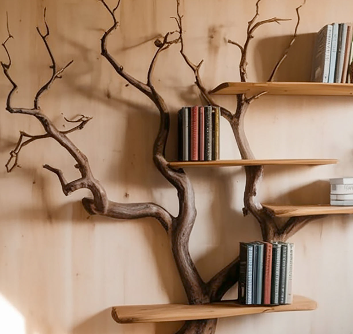 Live-Edge Tree Branch Wall Bookshelf – Sculptural Natural Wood Storage