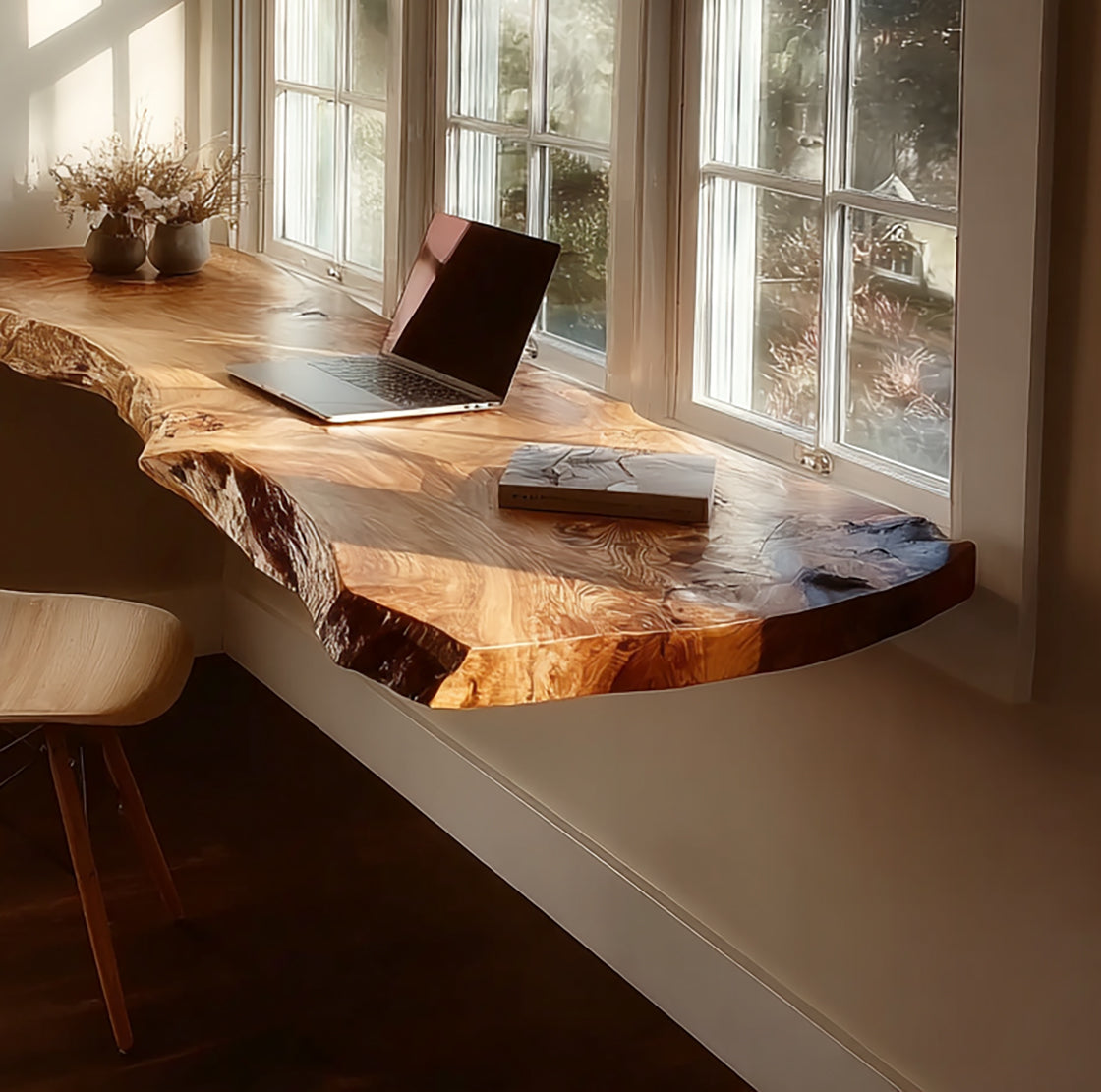 Handcrafted Live Edge Floating Desk – Natural Solid Wood Wall Desk for Home Office
