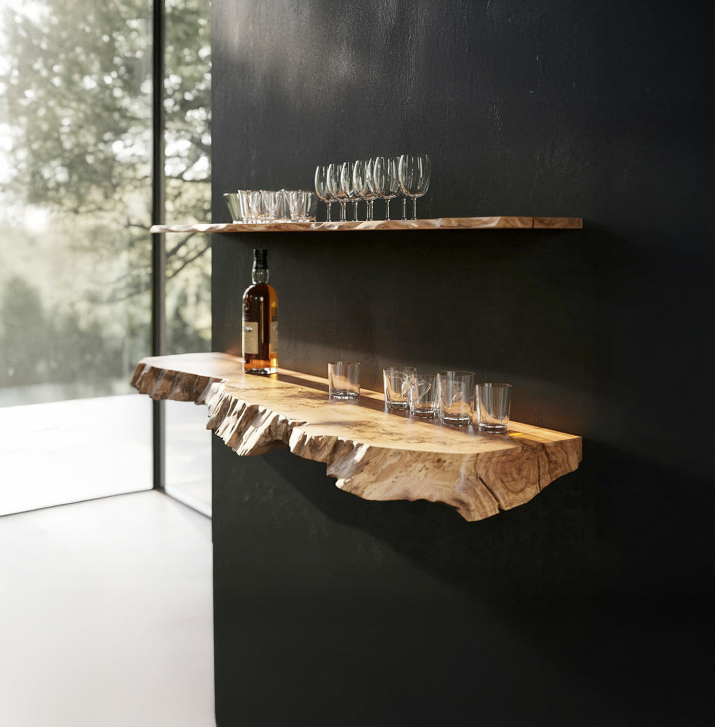 Modern Live-Edge Floating Shelf for Glassware & Bottles | Natural Wood Bar Shelf