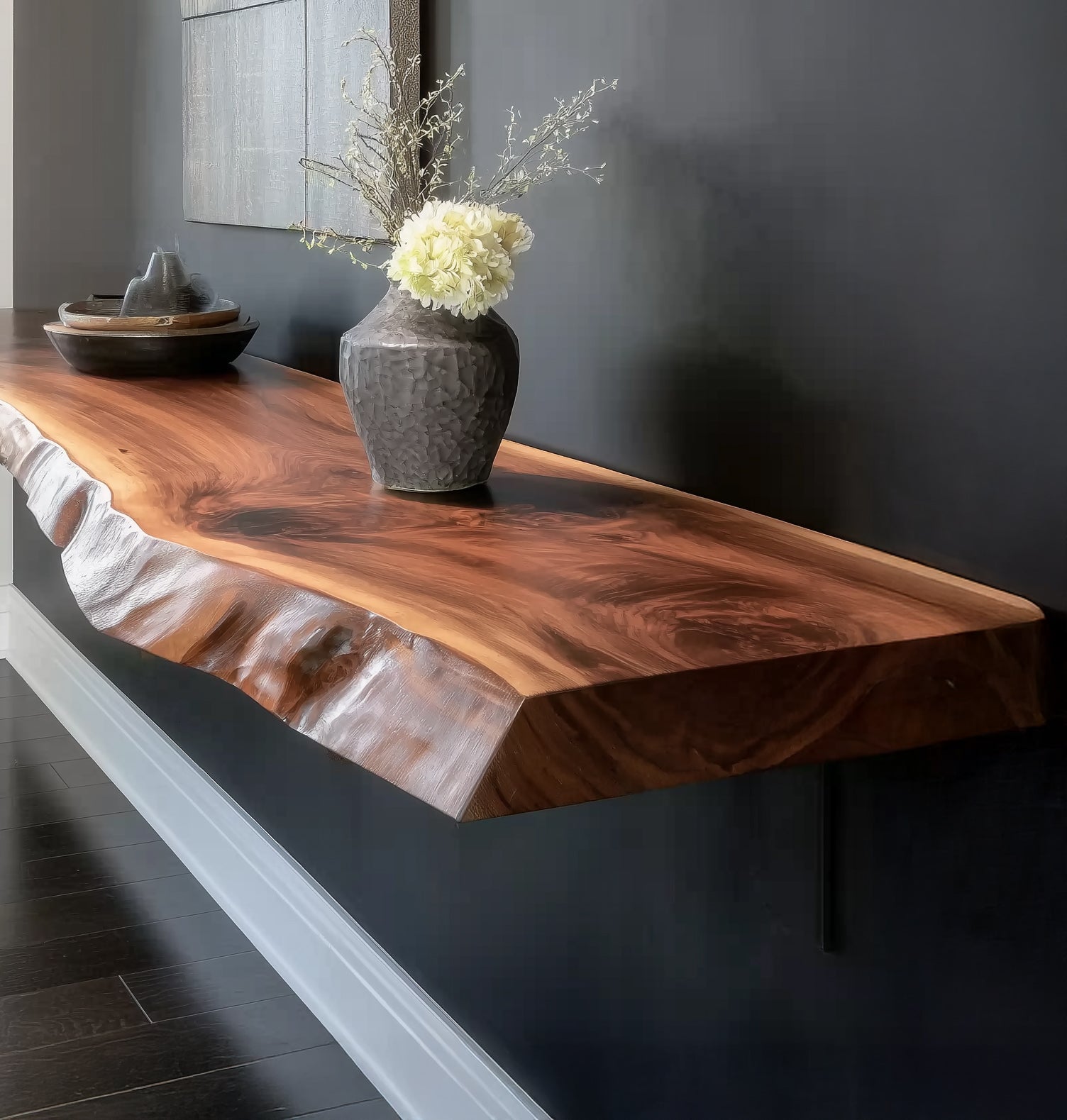Floating Corner Wall Shelf – Custom Live Edge Long Floating Display Shelf