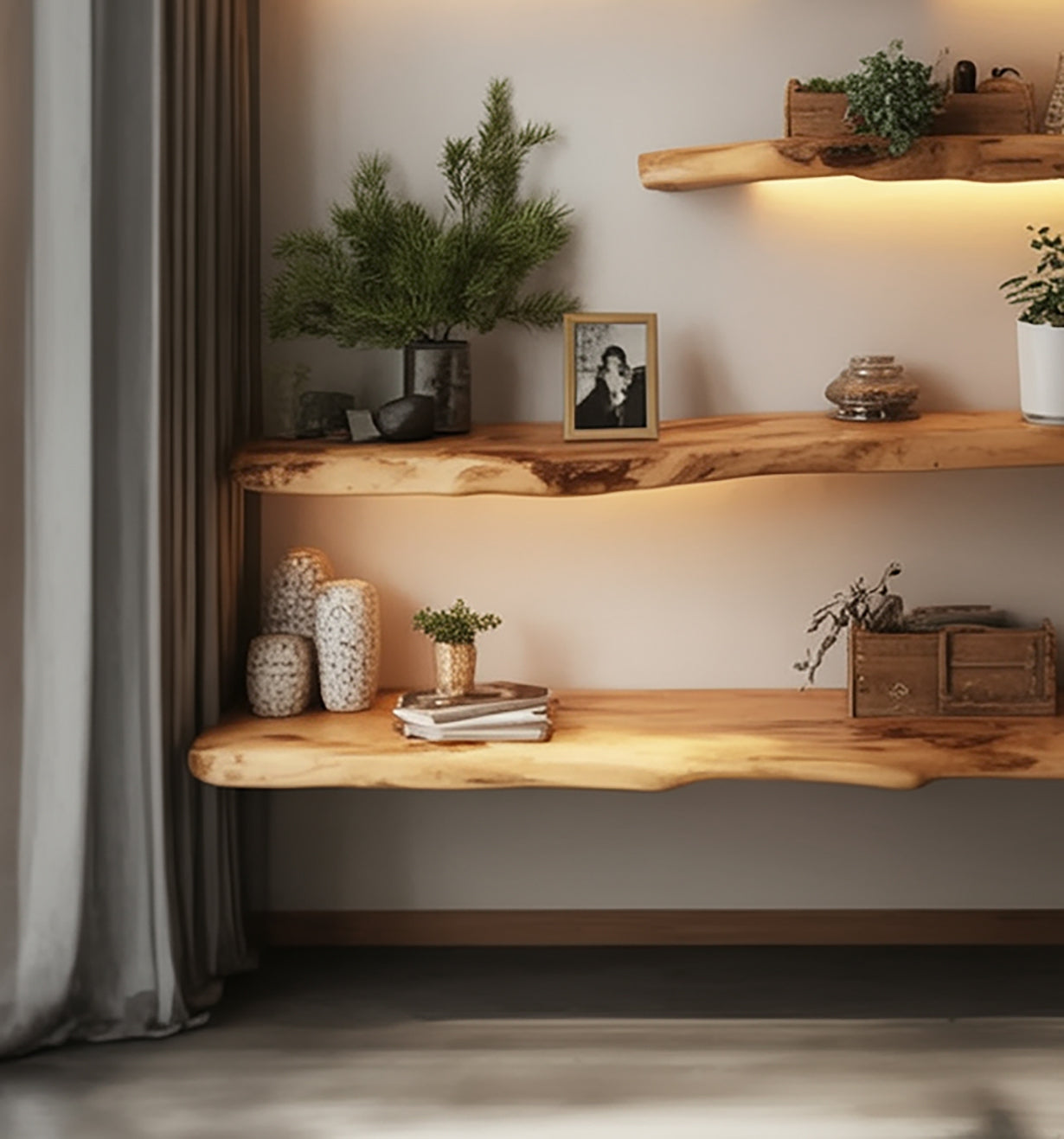 Étagères Flottantes en Bois Brut Fait Main – Tablette Murale Sculptée Ondulée