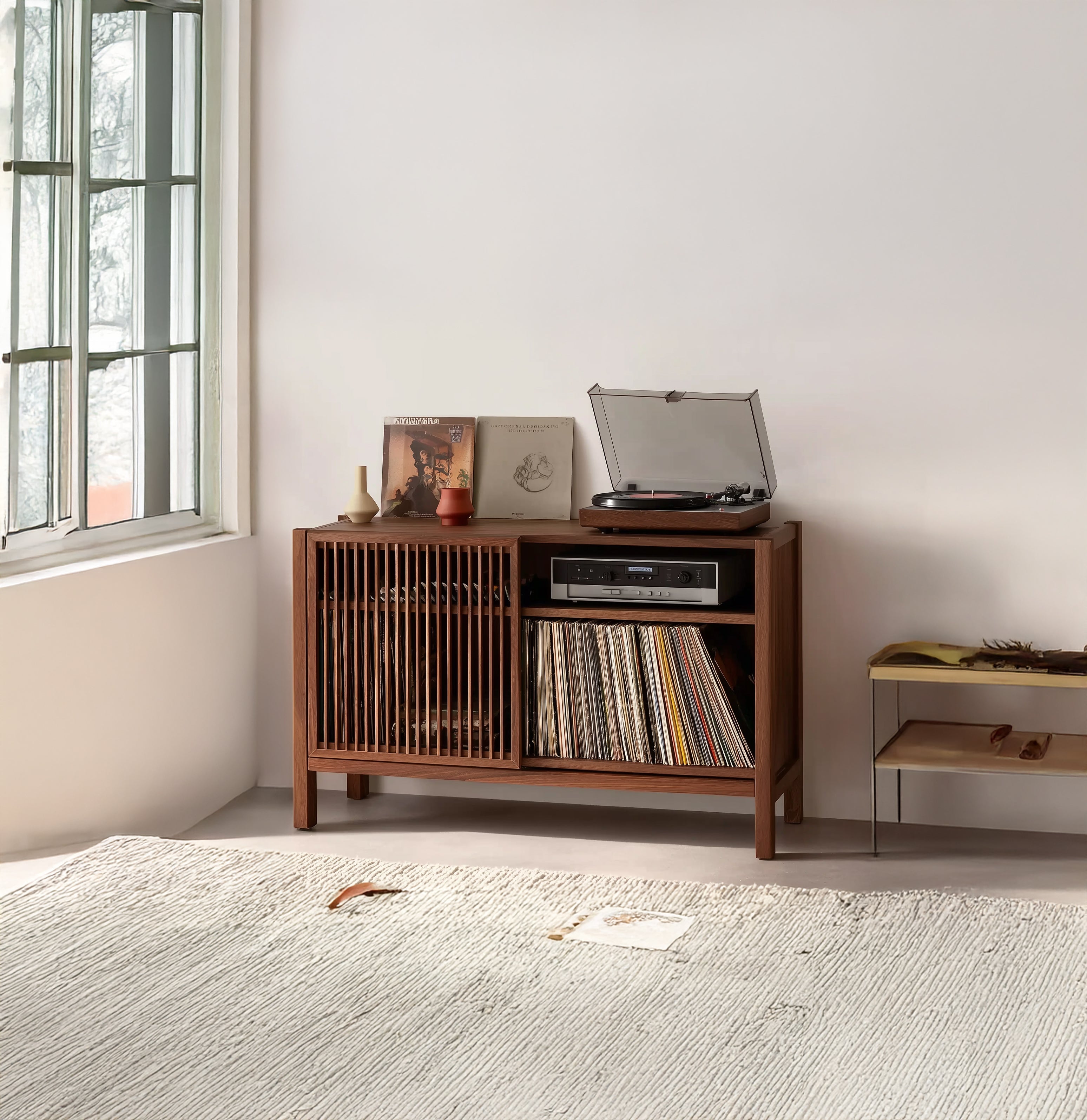 Meuble Platine Vinyle Artisanal en Bois Naturel – Station Tourne-Disque avec Rangement et Cubes à Vinyles Personnalisables