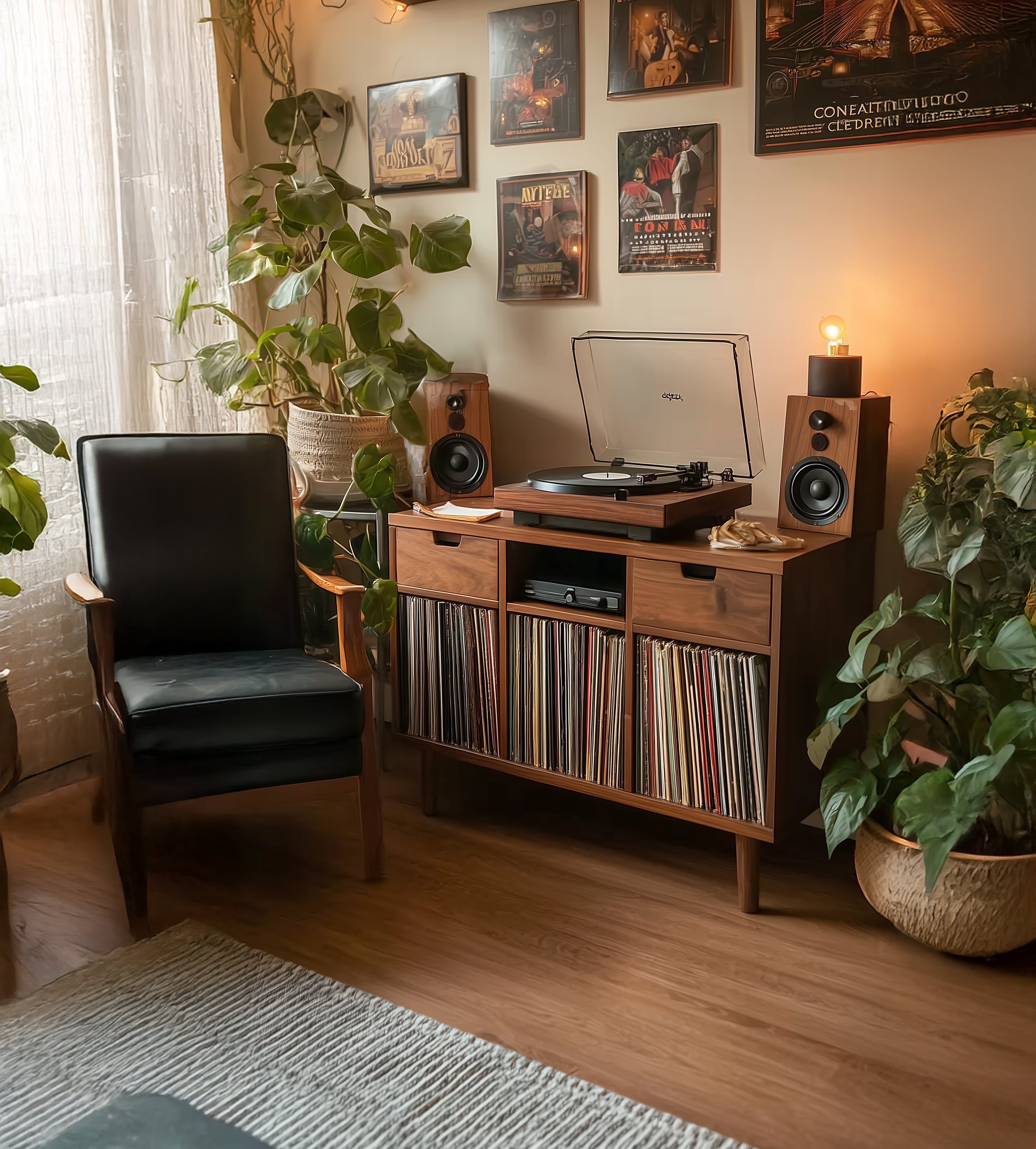 Meuble Platine Vinyle Artisanal en Bois Naturel – Station Tourne-Disque avec Rangement et Cubes à Vinyles Personnalisables
