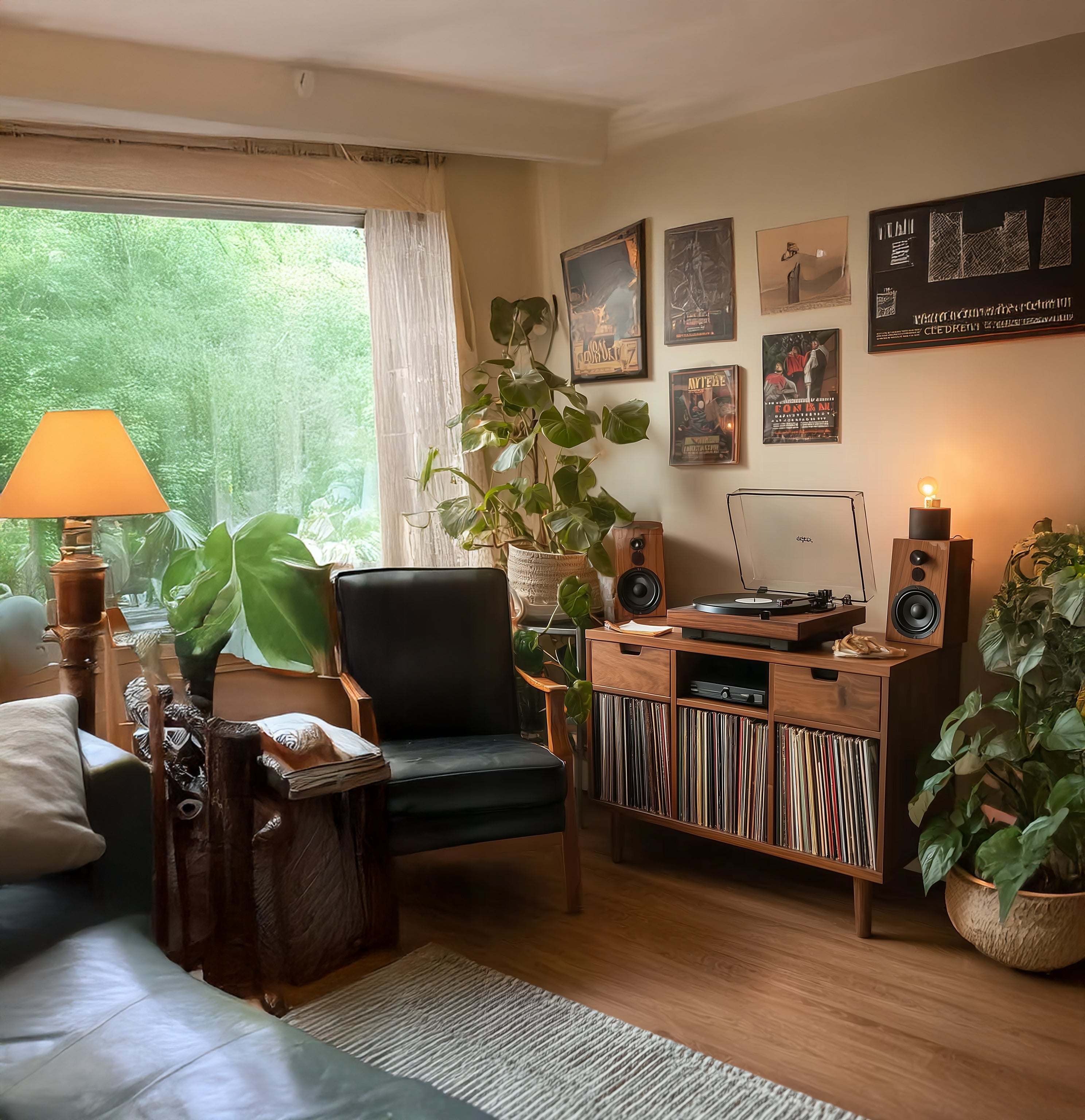 Meuble Platine Vinyle Artisanal en Bois Naturel – Station Tourne-Disque avec Rangement et Cubes à Vinyles Personnalisables