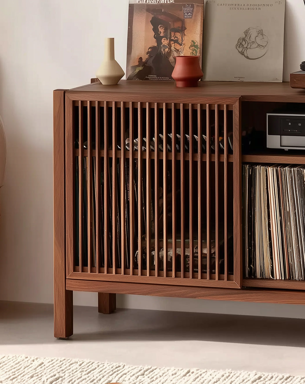 Meuble Platine Vinyle Artisanal en Bois Naturel – Station Tourne-Disque avec Rangement et Cubes à Vinyles Personnalisables