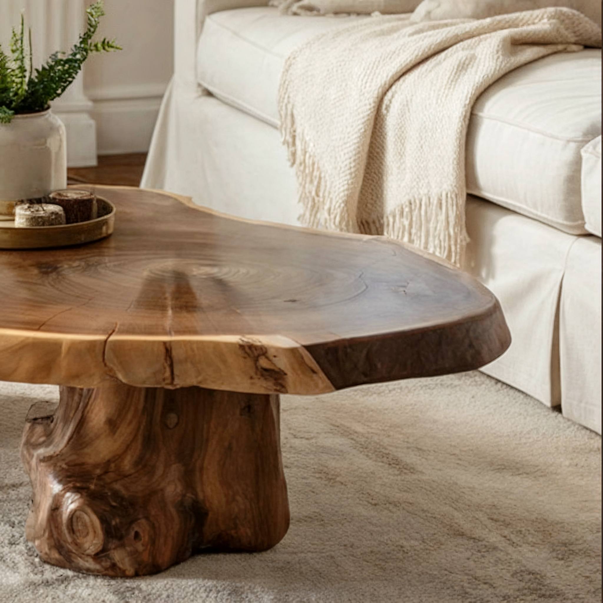 Table basse artisanale en bois massif à bord naturel – Style rustique et décoration farmhouse moderne