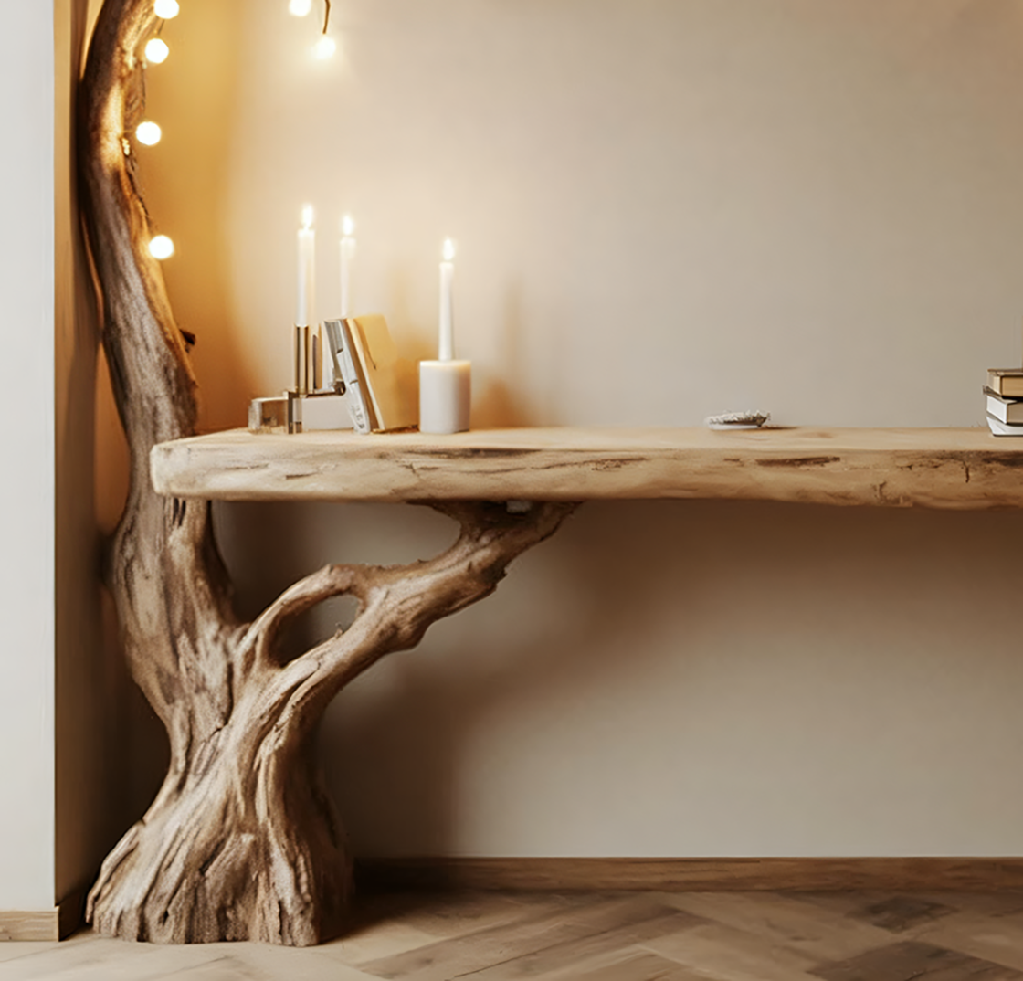 Live Edge Tree Branch Console Table with Ambient Lighting – Handcrafted Wood Entryway Table