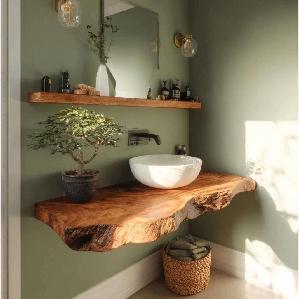 Plan Vasque en Bois Massif Live Edge – Étagère Lavabo Flottante Rustique