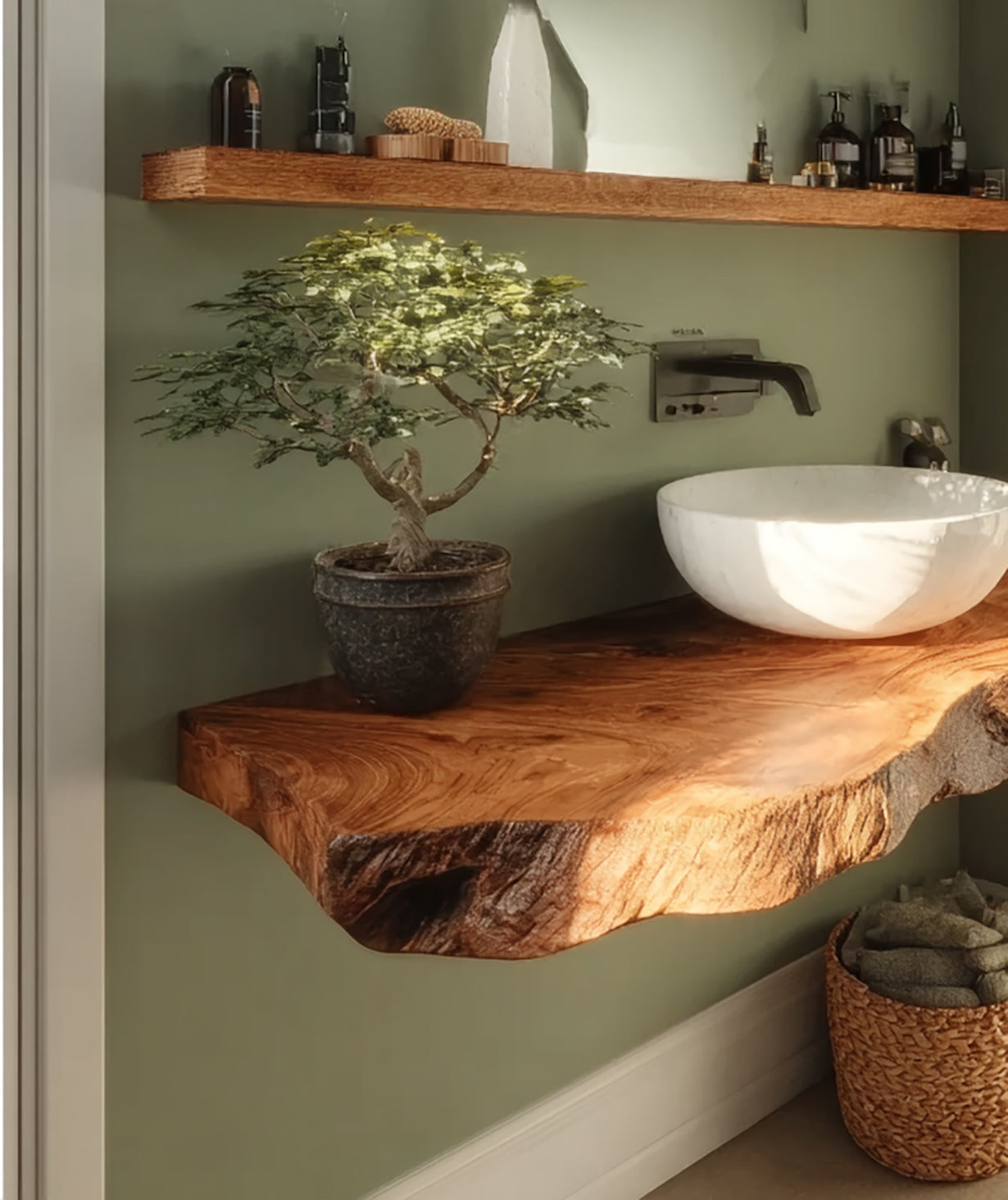 Plan Vasque en Bois Massif Live Edge – Étagère Lavabo Flottante Rustique