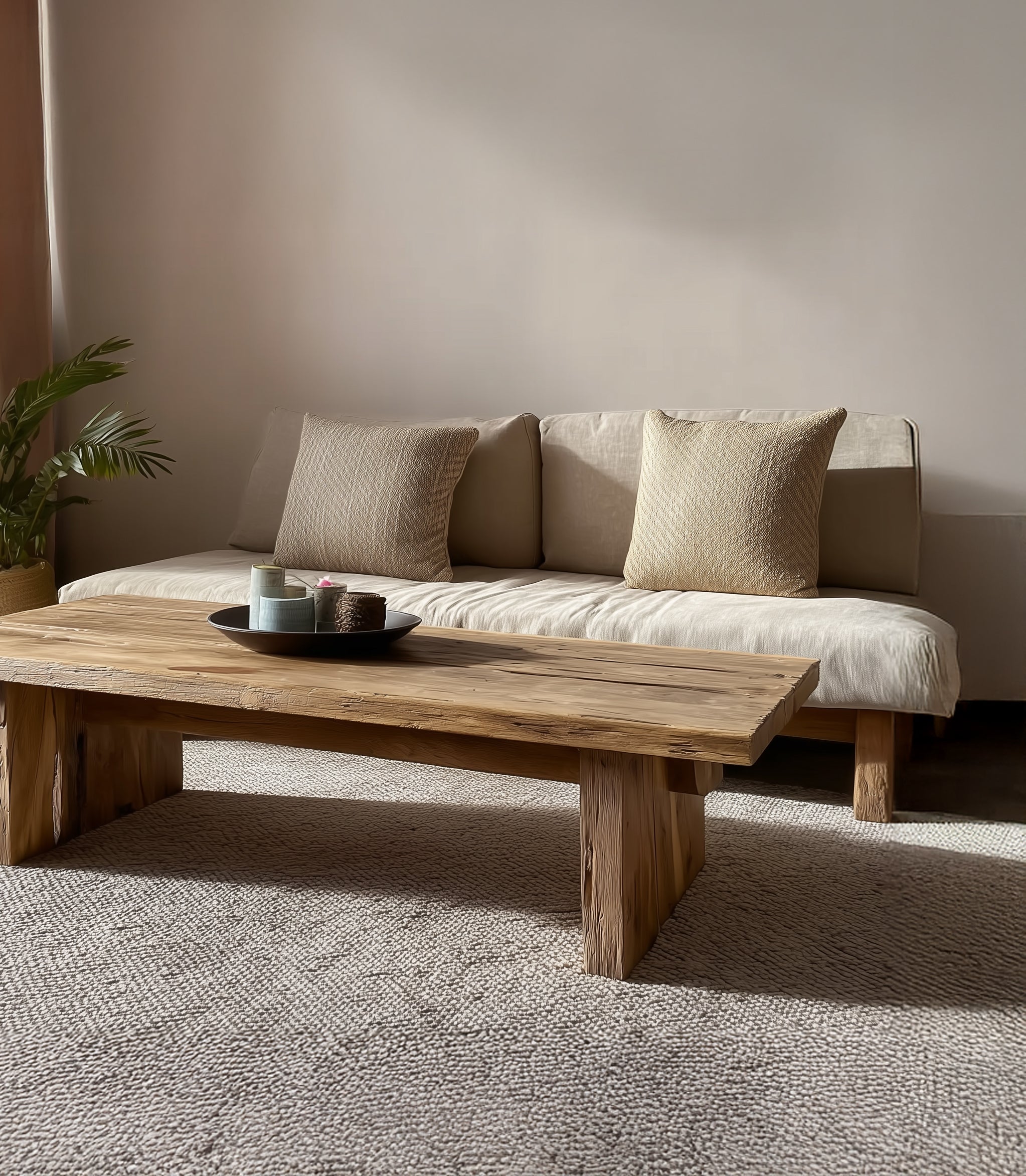 Table Basse Rustique Artisanale en Bois Massif – Plateau à Bord Vif avec Piètement Chevalet, Style Farmhouse