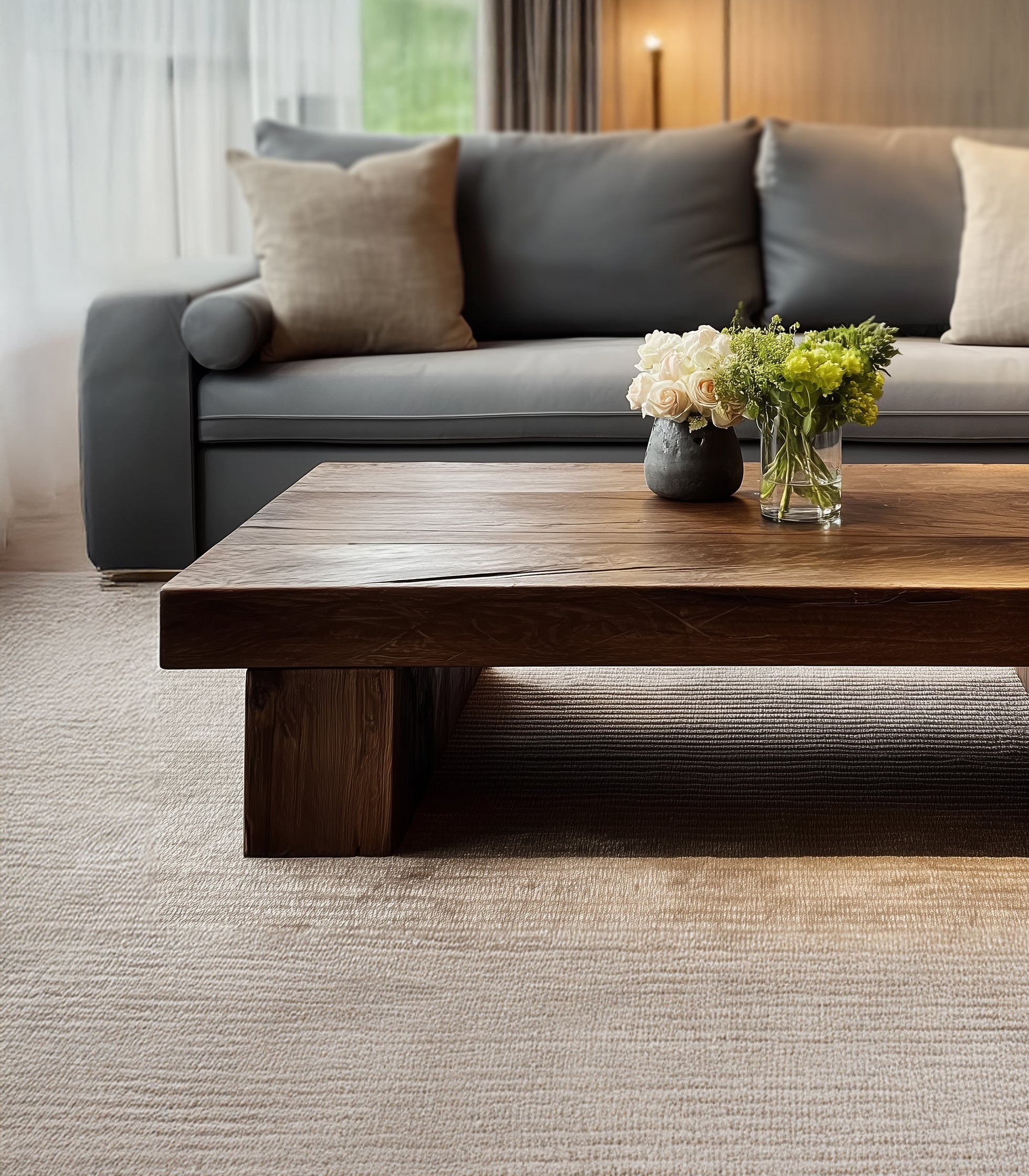 Table Basse Artisanale en Bois Massif Rustique – Plateau à Bord Vif avec Piètement Chevalet, Meuble Farmhouse