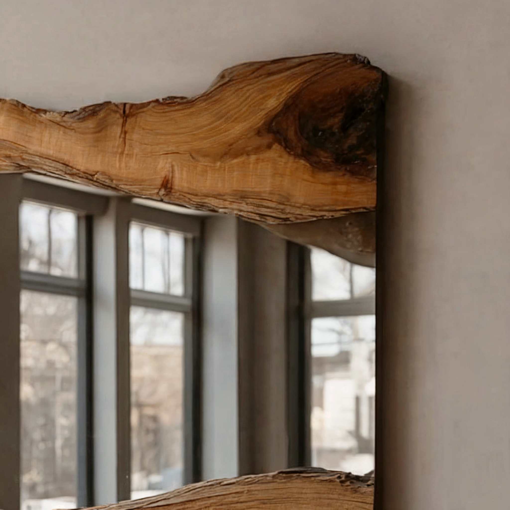 Handmade Olive Wood Wall Mirror – Rustic Live Edge Wooden Mirror with LED & Epoxy Design