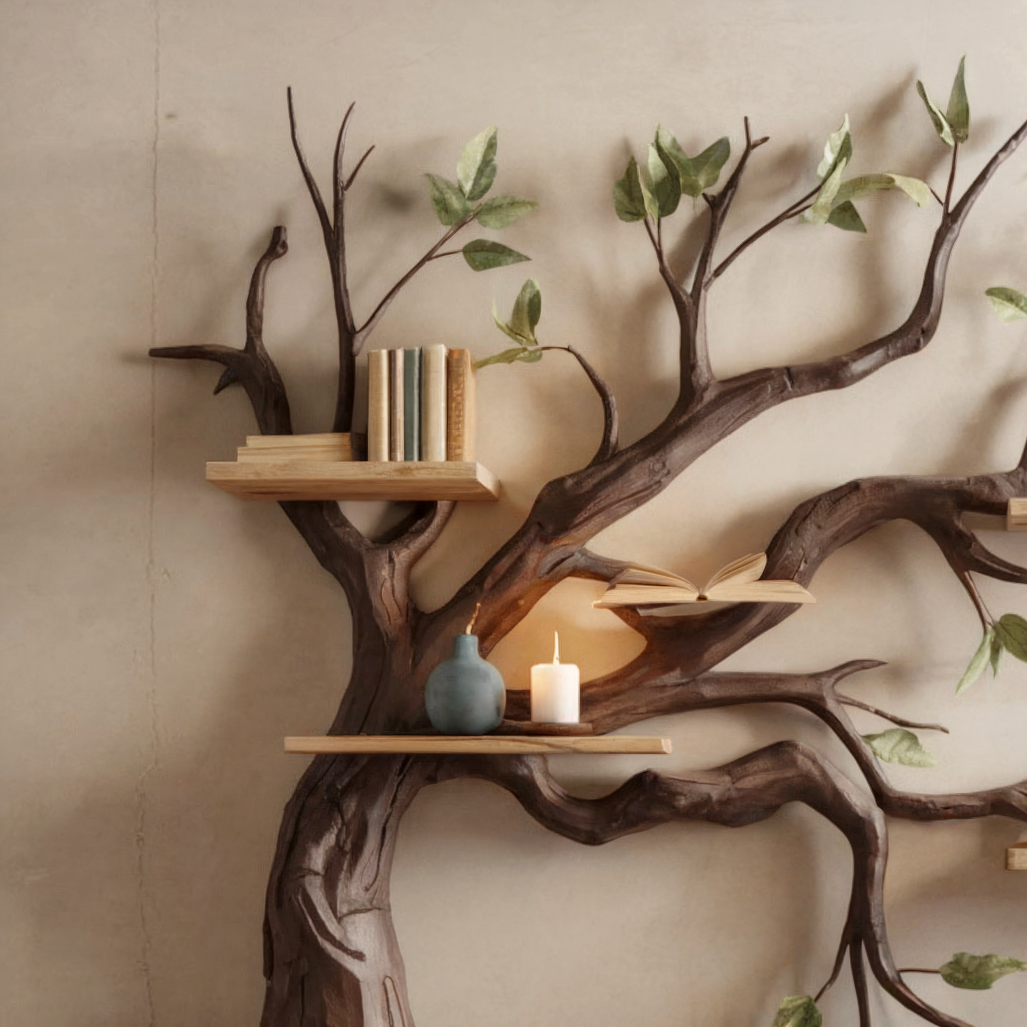 Rustic Corner Floating Bookshelf – Live Edge Driftwood Branch Wall Décor