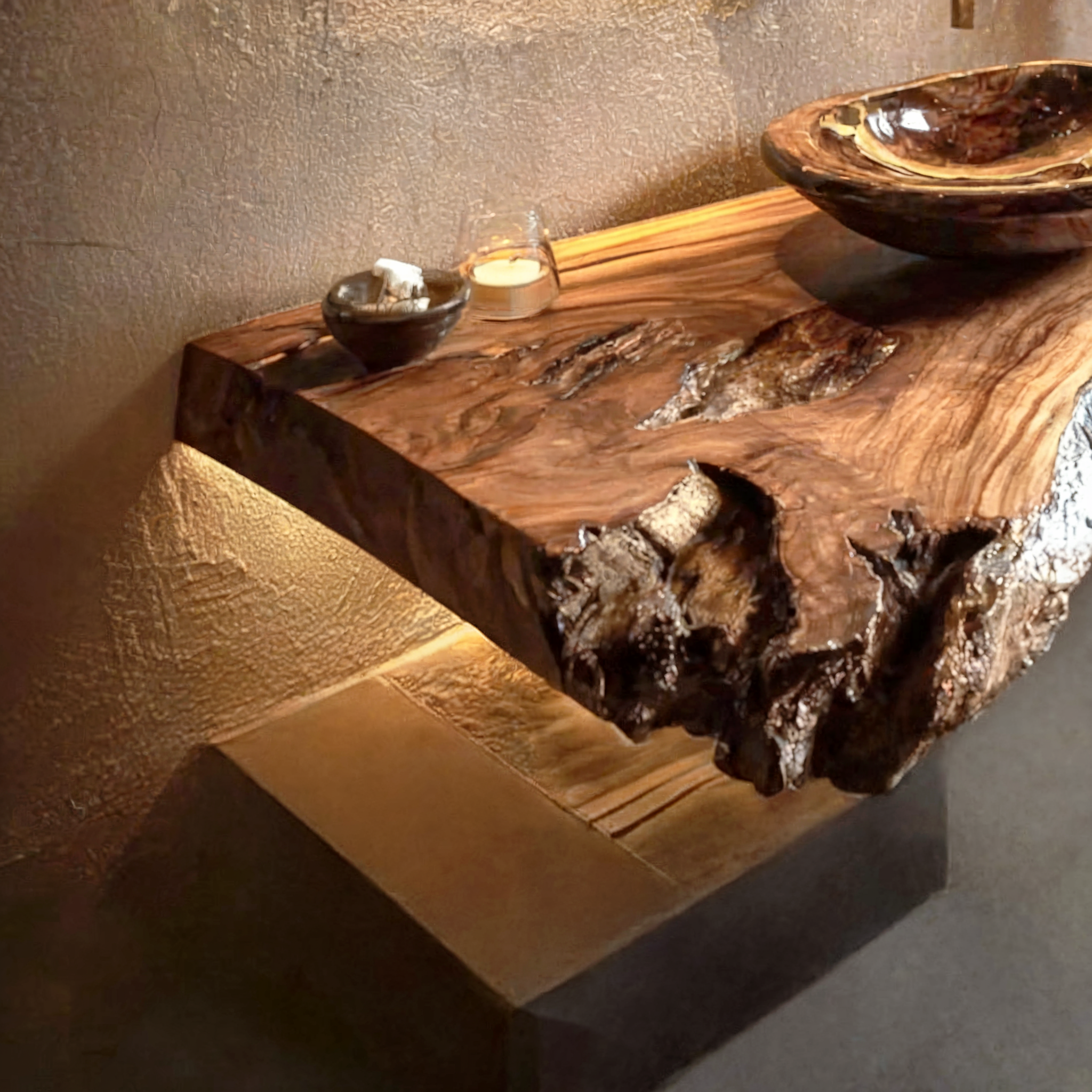 Rustic Live Edge Floating Vanity – Handmade Wooden Bathroom Shelf with Brackets