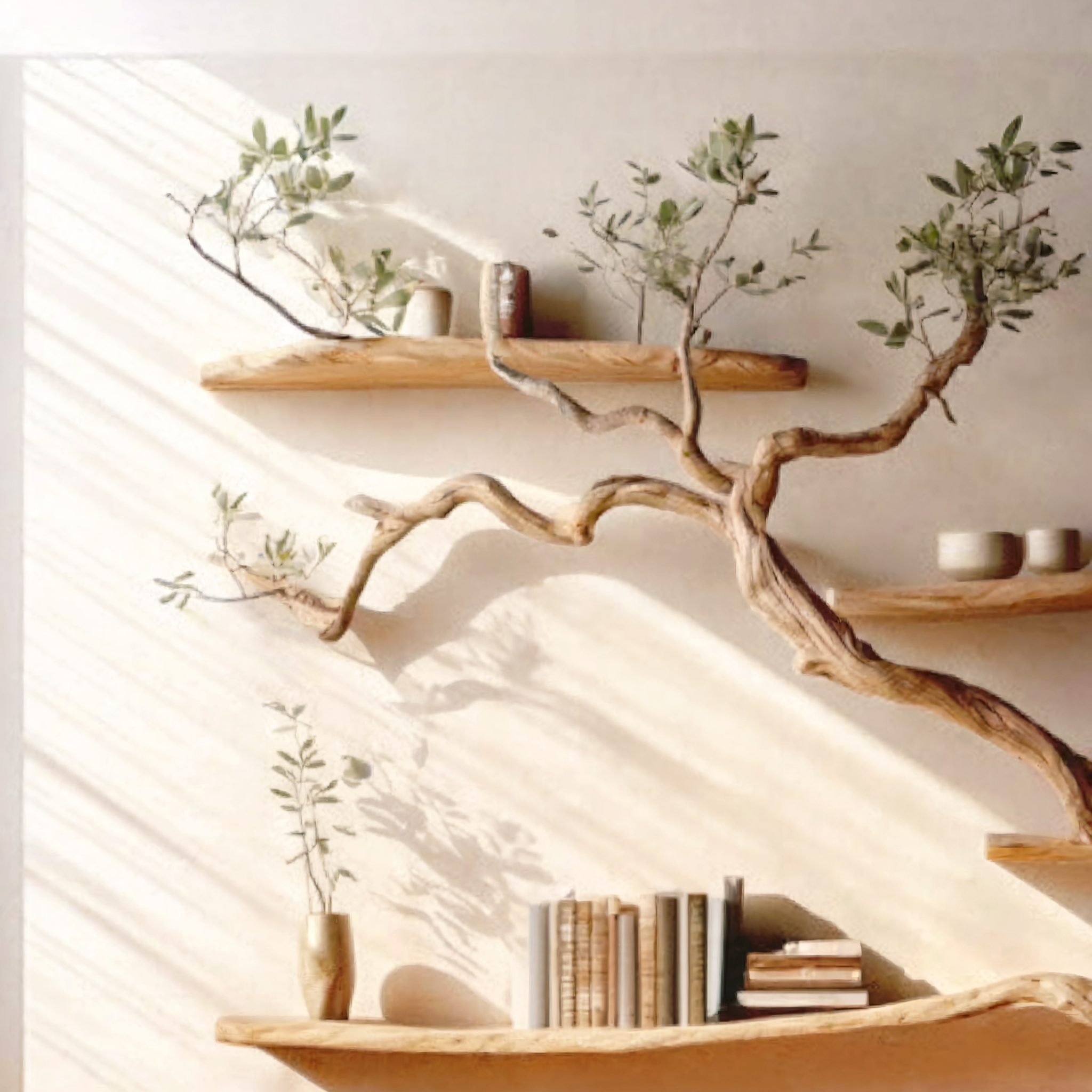Live Edge Tree Branch Bookcase – Handmade Rustic Floating Wall Bookshelf with Natural Wood Branches