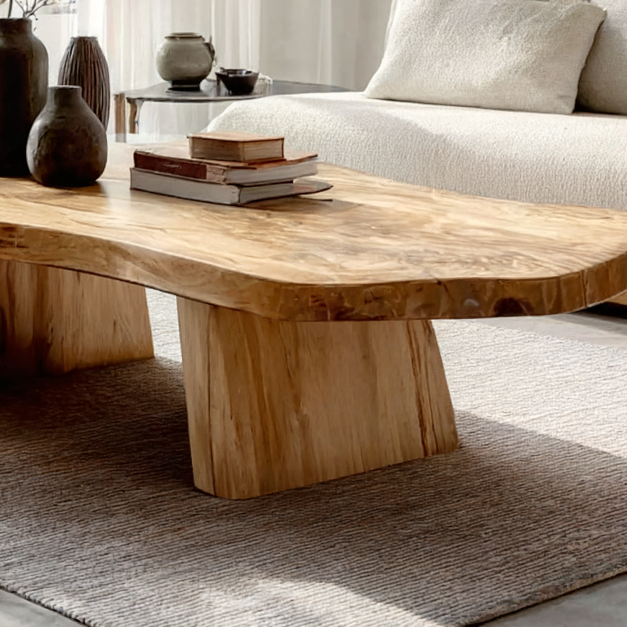 Rustic Live Edge Wood Coffee Table – Solid Handcrafted Carved Extendable Dining Table