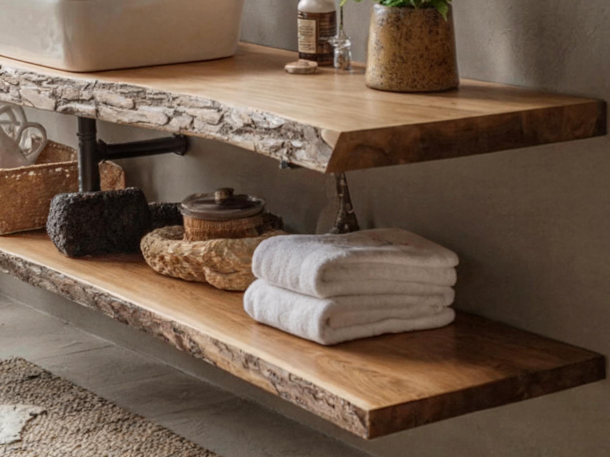 Reclaimed Live Edge Bathroom Vanity Shelf – Handmade Corner Shelf, Rustic Wall Mounted Brackets