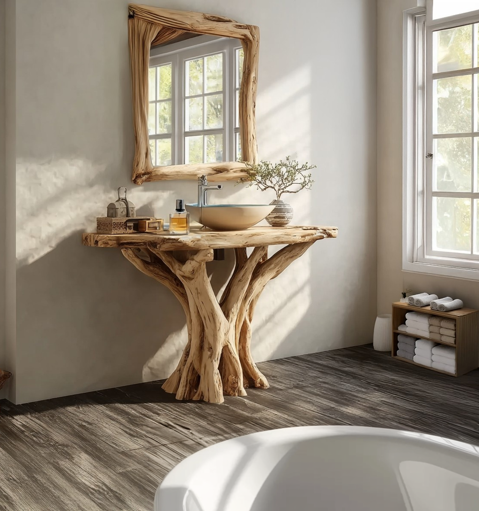 Farmhouse Corner Bathroom Vanity Wood – Live Edge Sink Shelf, Modern Unique Rustic Corner Vanity