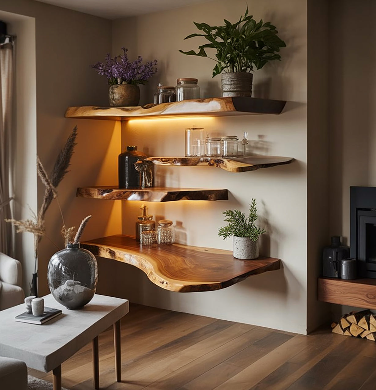 Étagères Flottantes Live Edge en Noyer – Décoration Murale en Bois Naturel