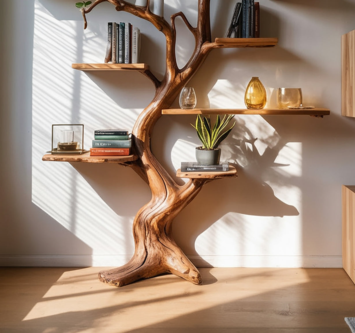 Bibliothèque Murale Tronc d’Arbre – Grande Sculpture en Bois Rustique