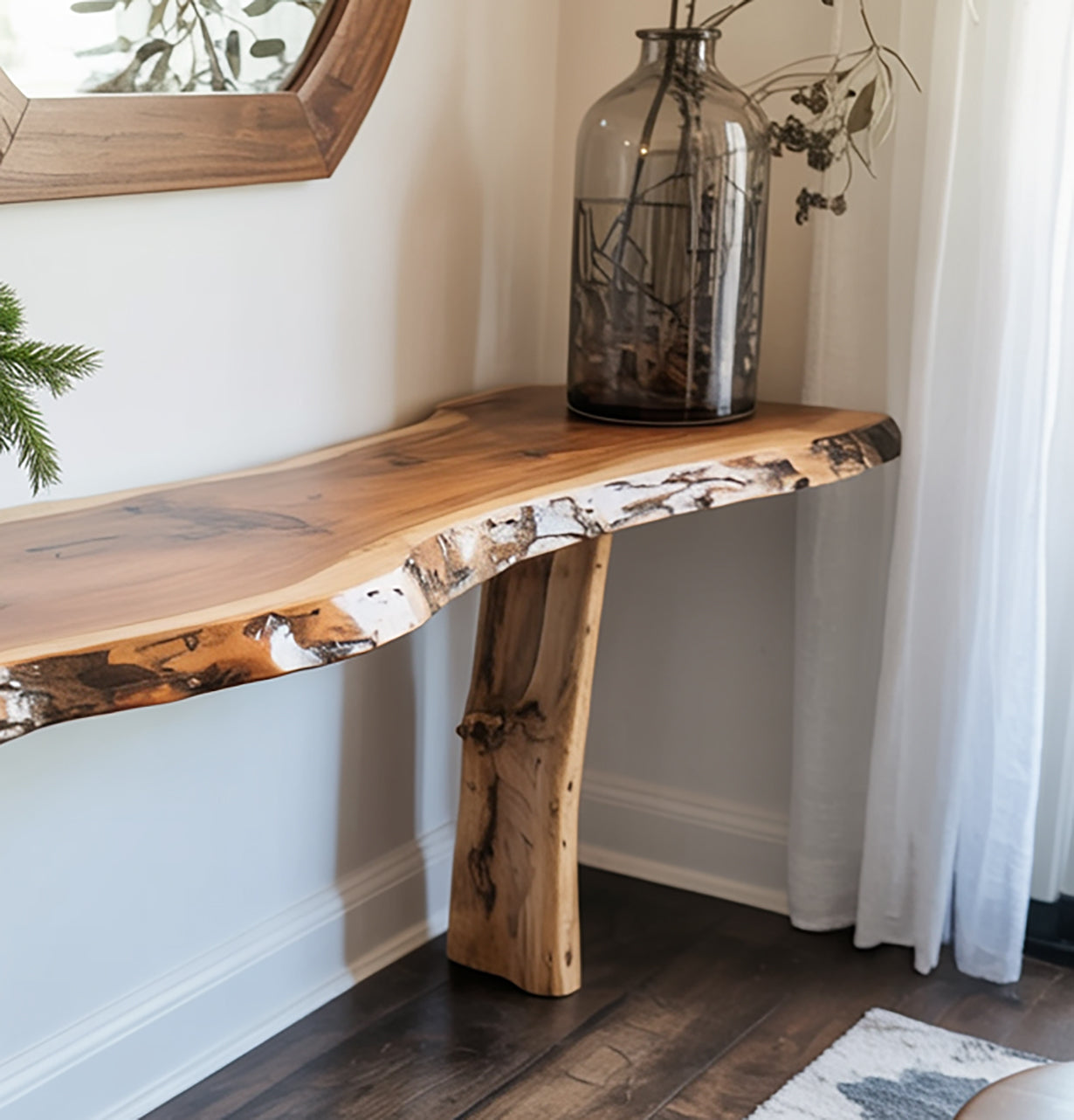Console en bois massif faite main – Design arbre rustique pour entrée
