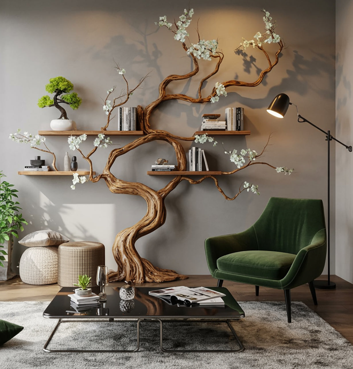 Étagère Murale Arbre en Bois Massif Artisanale – Décoration Murale