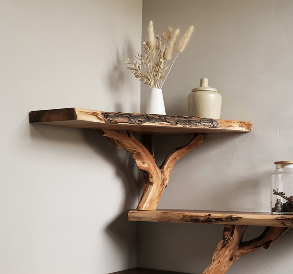 Driftwood Corner Wall Shelf – Natural Solid Wood Floating Bookshelf