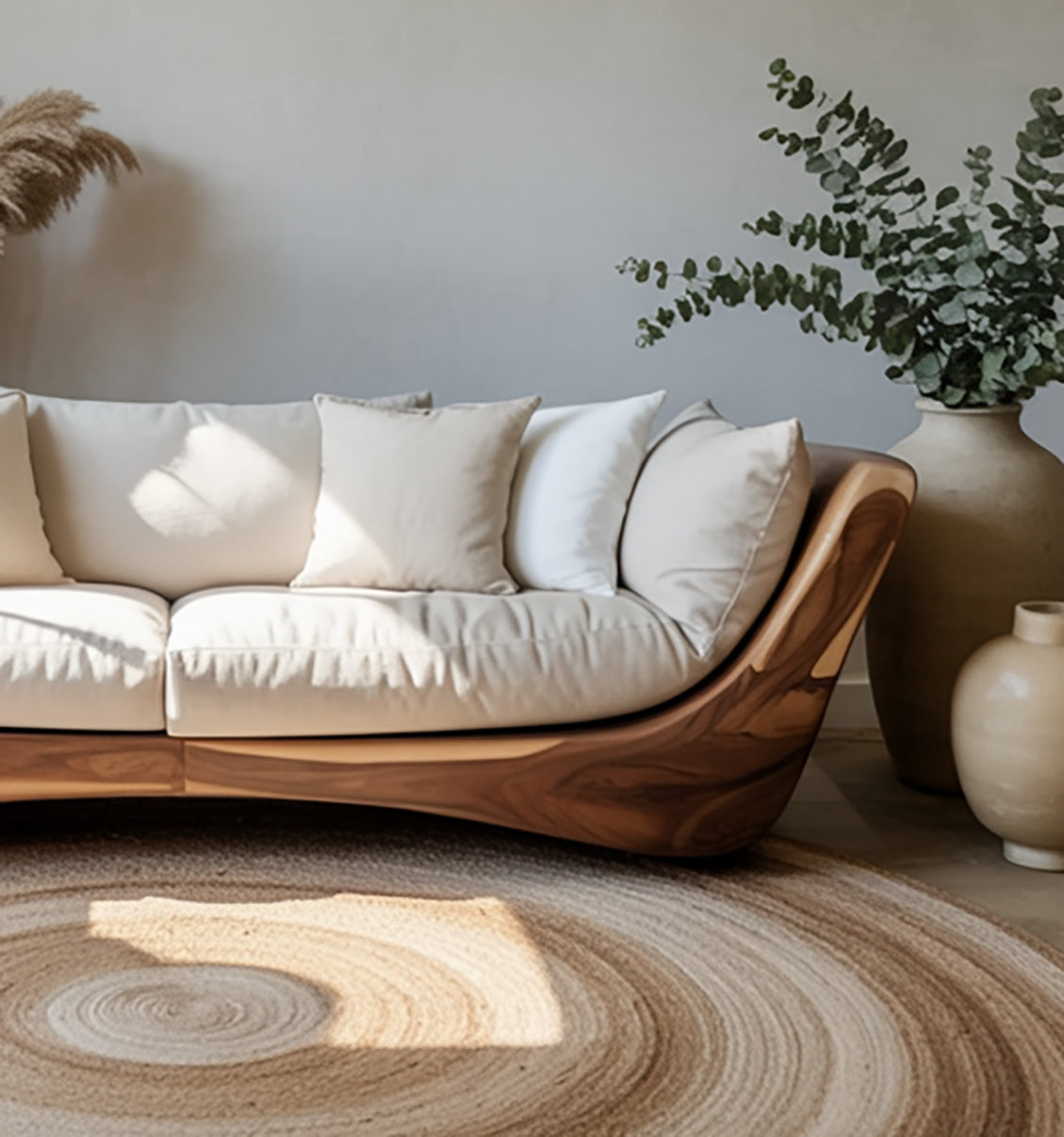 Modern Curved Wood Sofa – Handcrafted Solid Wood Frame with Cushions for Living Room