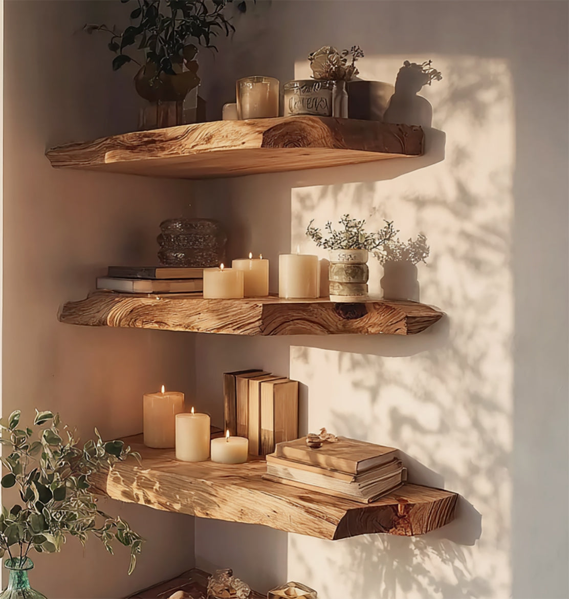 Handmade Wall Mounted Bracket Shelf – Farmhouse Live Edge Rustic Floating Corner Shelf