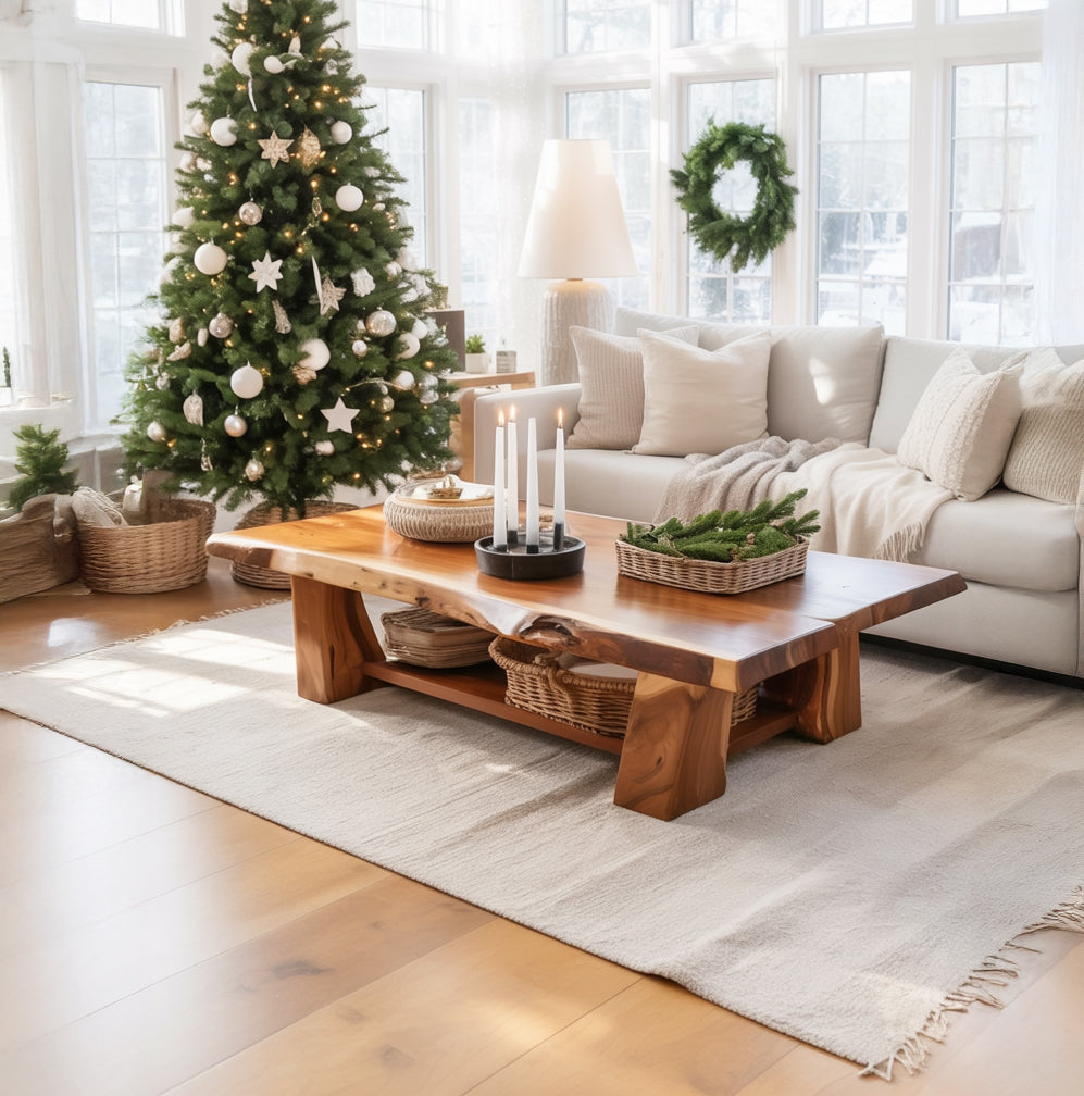 Rustic Solid Wood Coffee Table – Handcrafted with Built-In Shelf