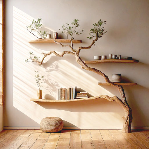 Live Edge Tree Branch Bookcase – Handmade Rustic Floating Wall Bookshelf with Natural Wood Branches