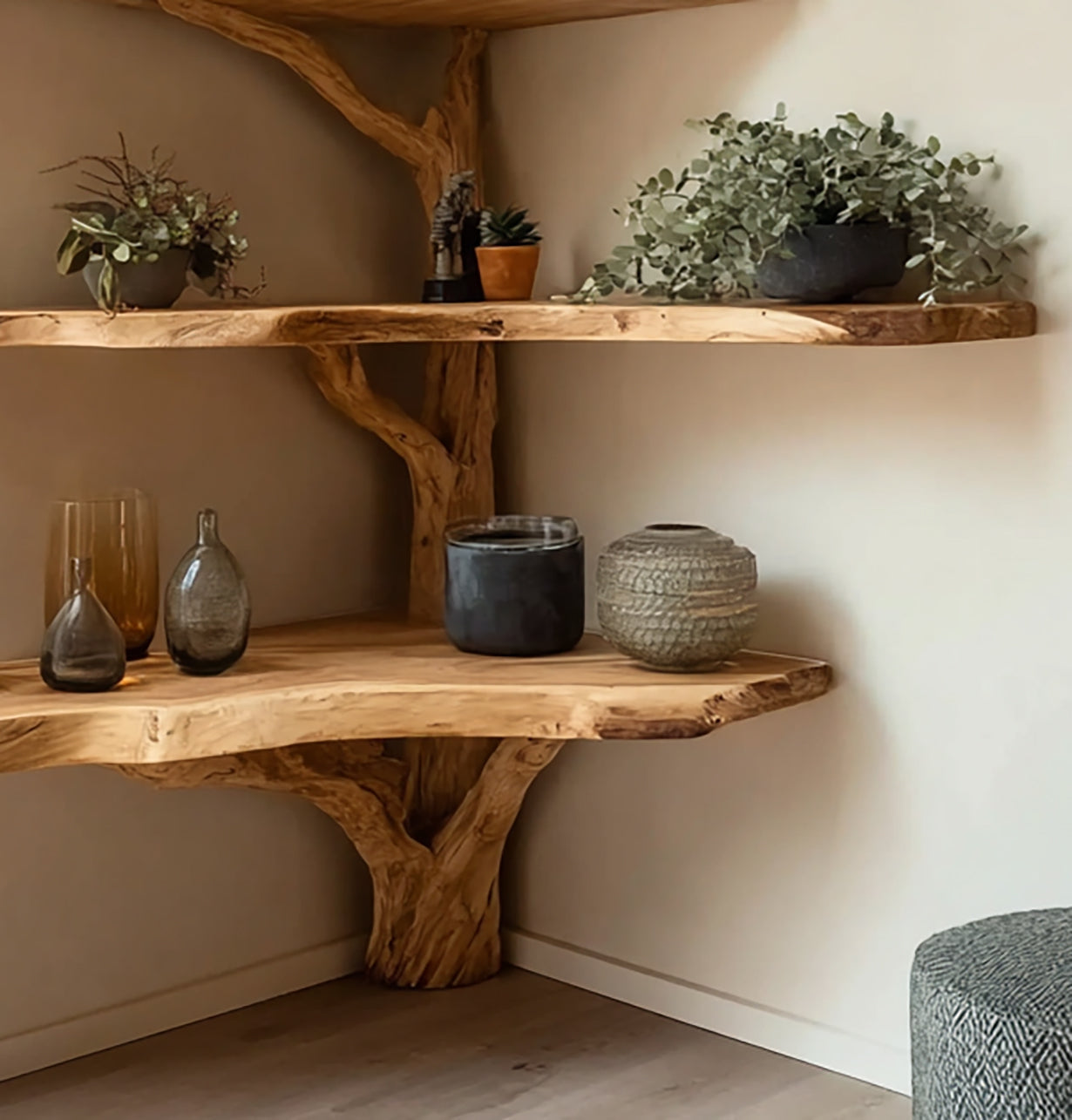 Live Edge Corner Tree Bookshelf – Rustic Handmade Wooden Wall Shelf Unit