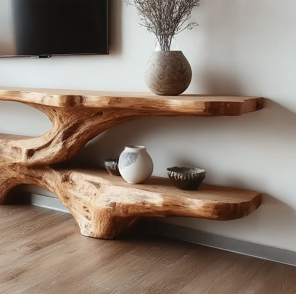 Modern Live Edge Wooden TV Console – Handmade Solid Wood Media Stand