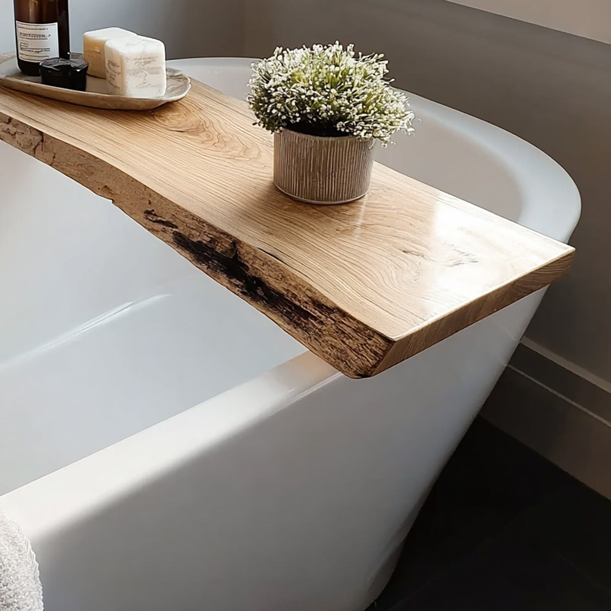 Handmade Live Edge Bathtub Tray – Rustic Solid Wood Bath Caddy