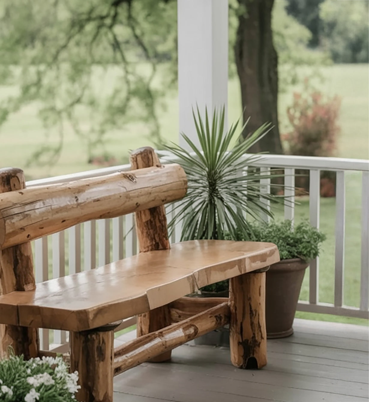 Rustic Live Edge Outdoor Wooden Bench With Backrest For Porch Or Garden