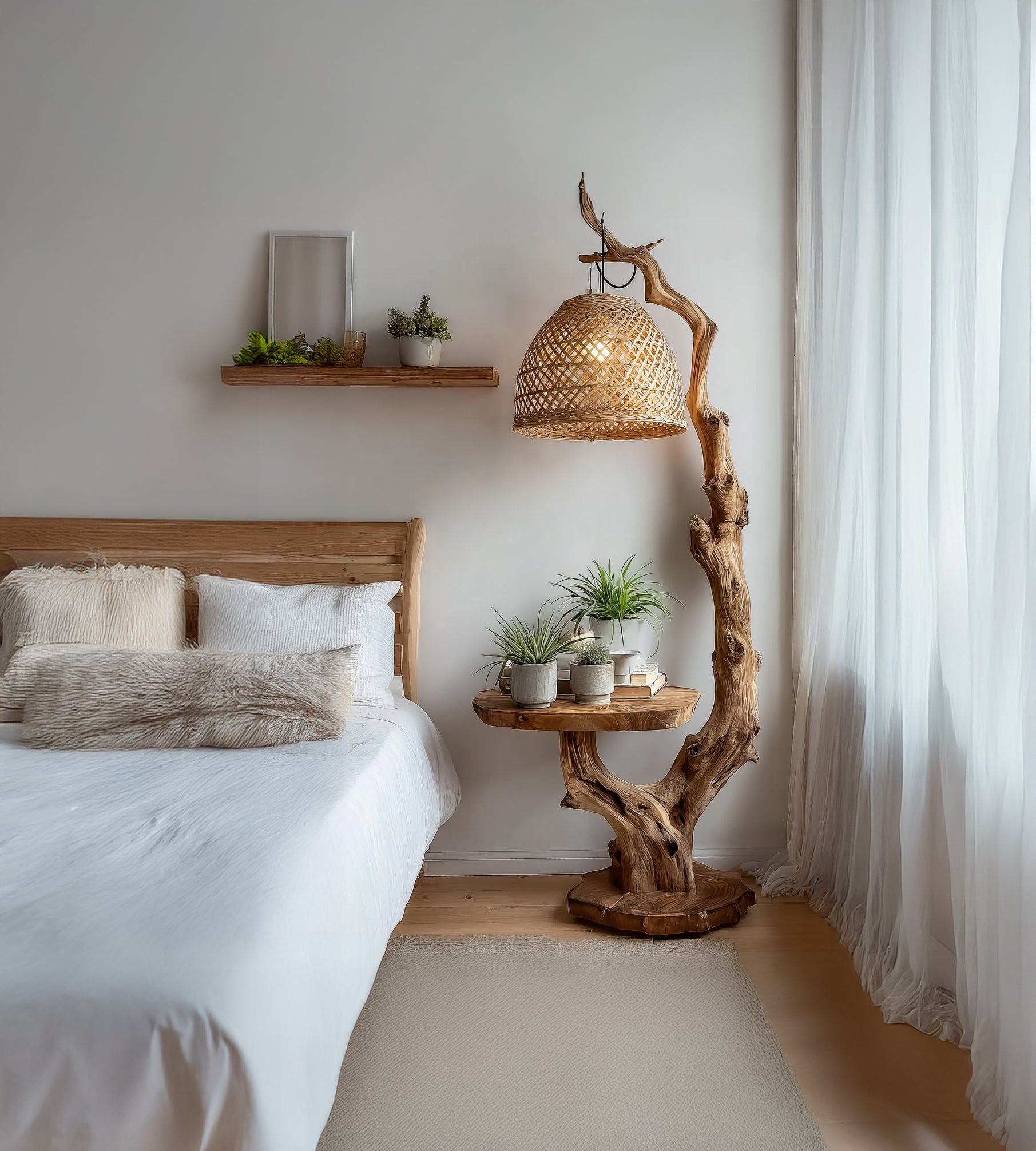 Rustic Driftwood Floor Lamp with Side Table – Solid Wood Standing Light with Rattan Shade