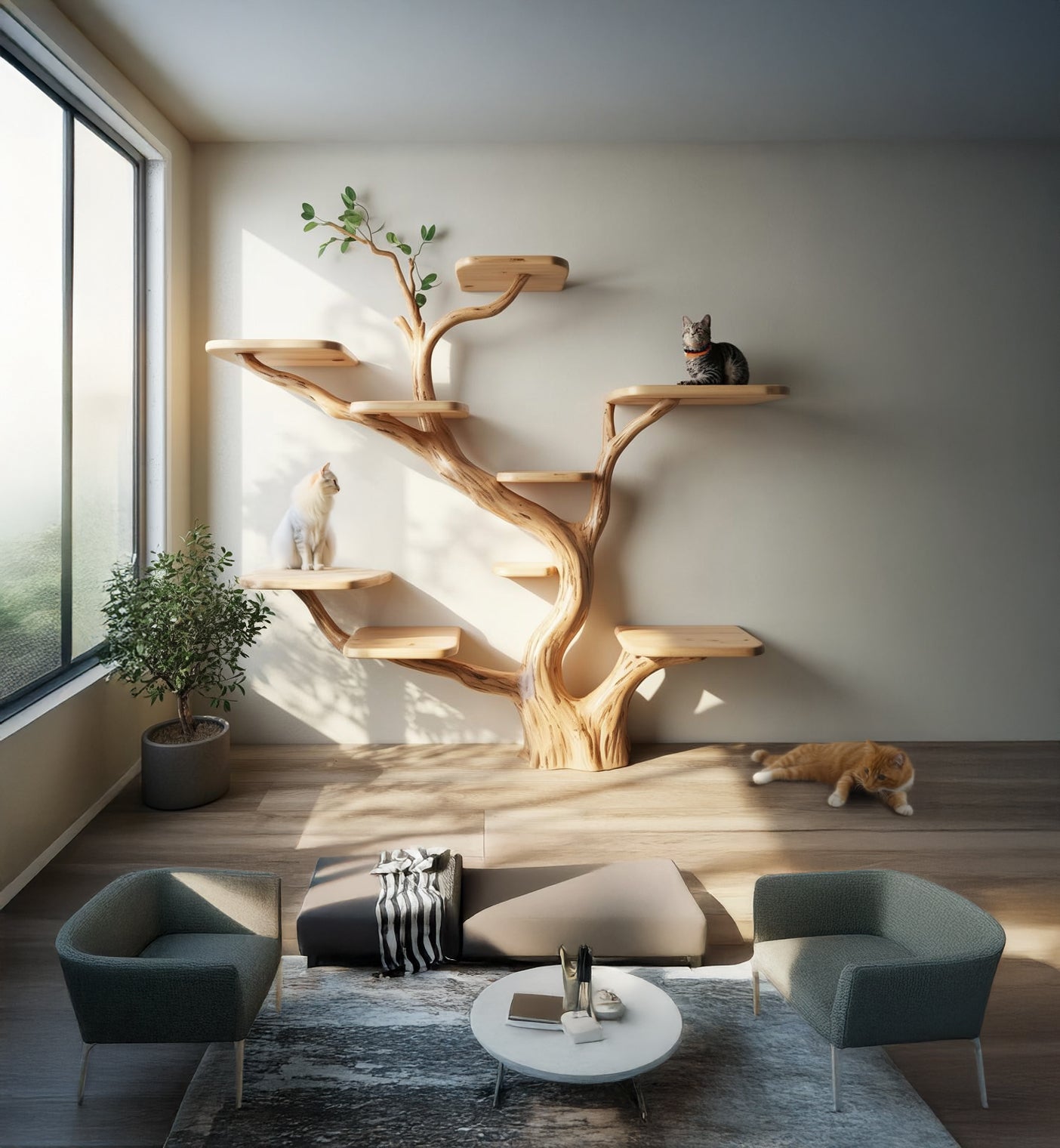 Rustic Solid Wood Cat Tree – Handmade Natural Cat Tower, Bed & Play Stand