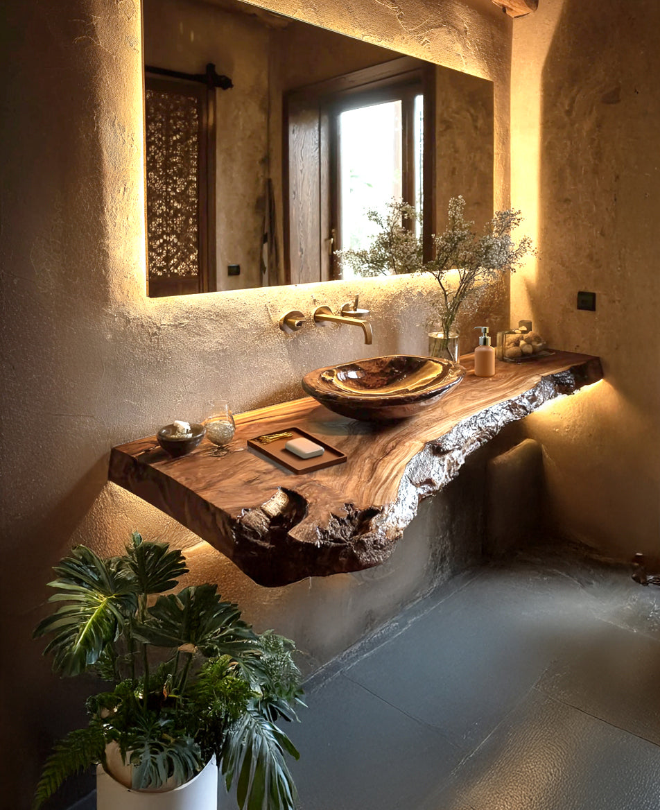 Rustic Live Edge Floating Vanity – Handmade Wooden Bathroom Shelf with Brackets