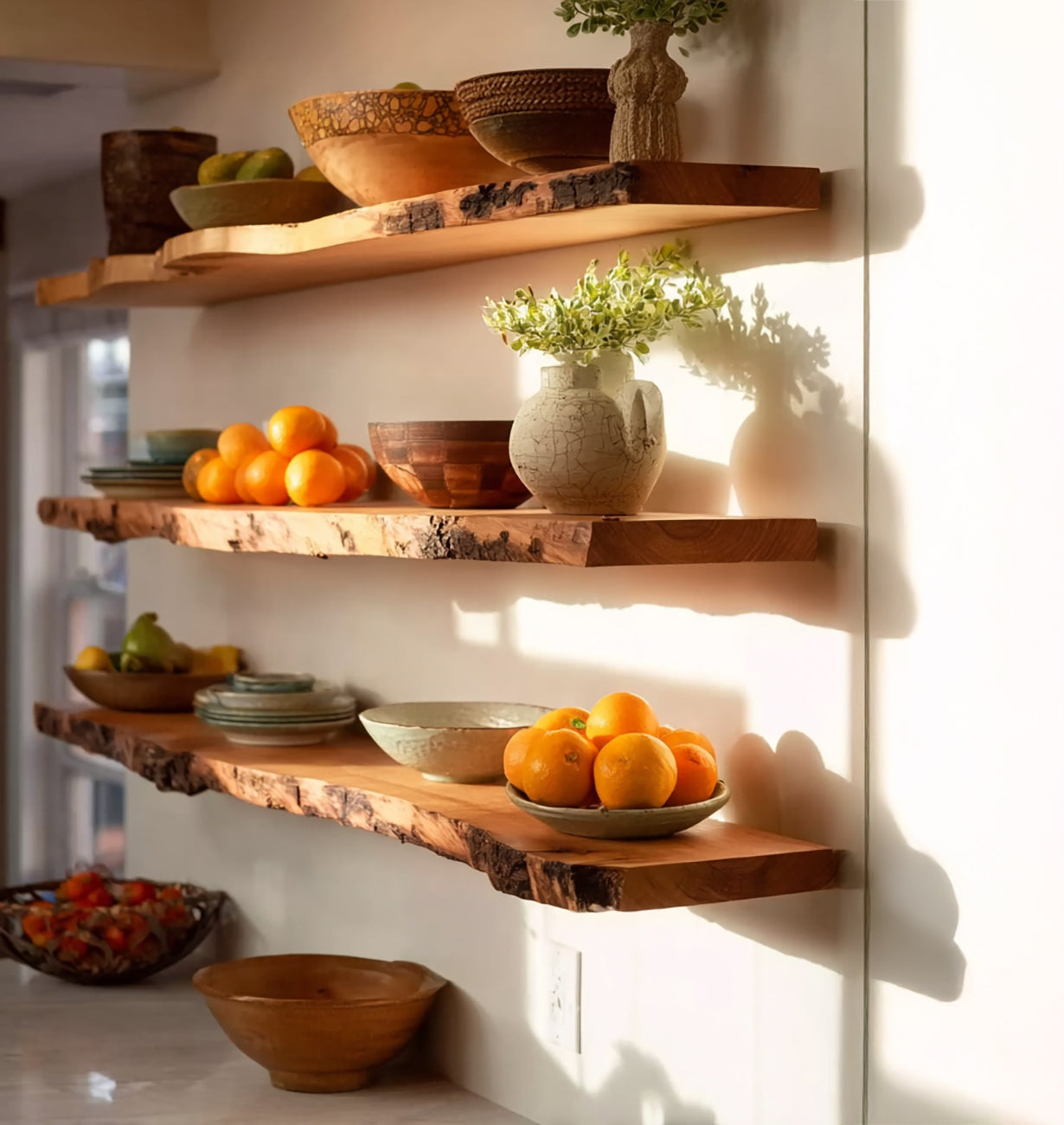 Rustic Floating Wall Shelf with Live Edge – Solid Walnut Shelf for Home Decor