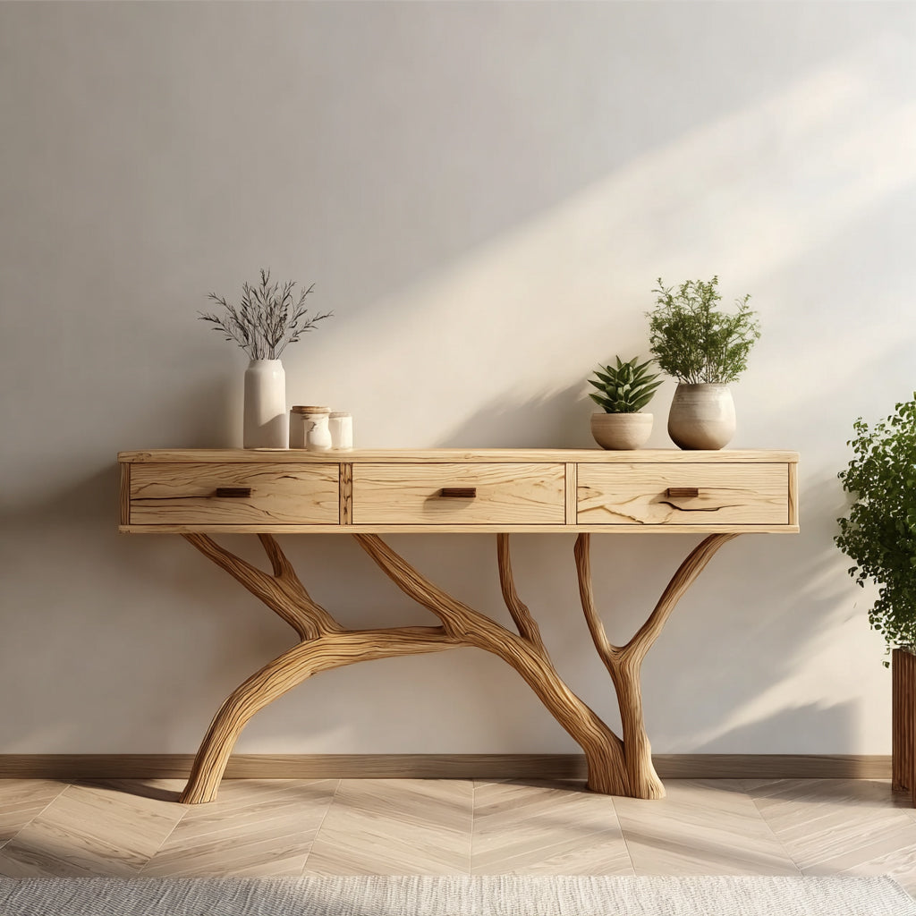 Organic Modern Console Table – Live Edge Style Wood Table with Tree Branch Base