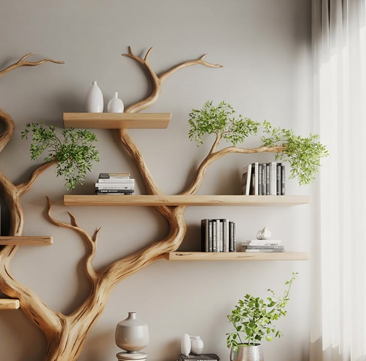 Live Edge Tree Branch Bookshelf – Handmade Wooden Wall Shelf for Modern Interiors