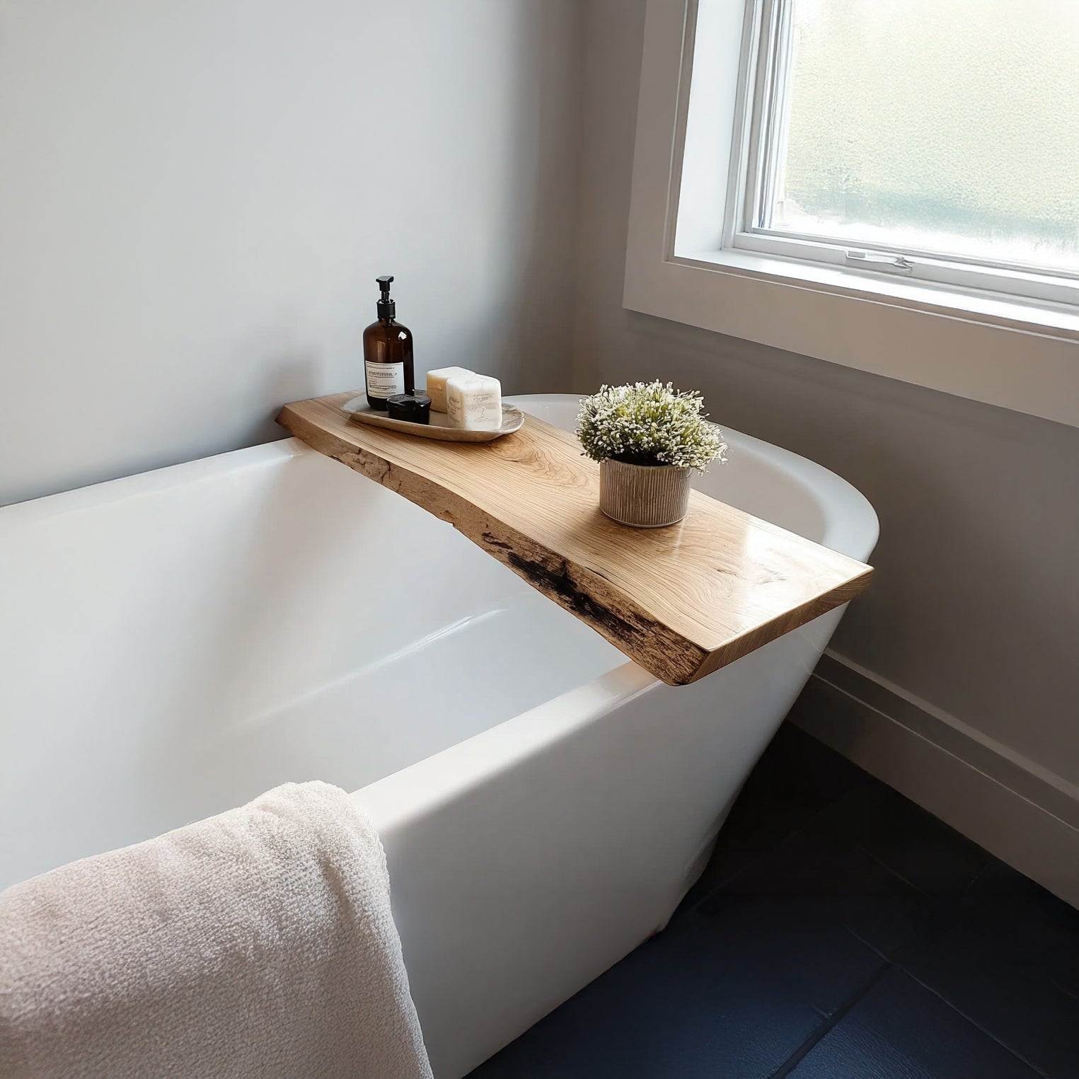 Handmade Live Edge Bathtub Tray – Rustic Solid Wood Bath Caddy