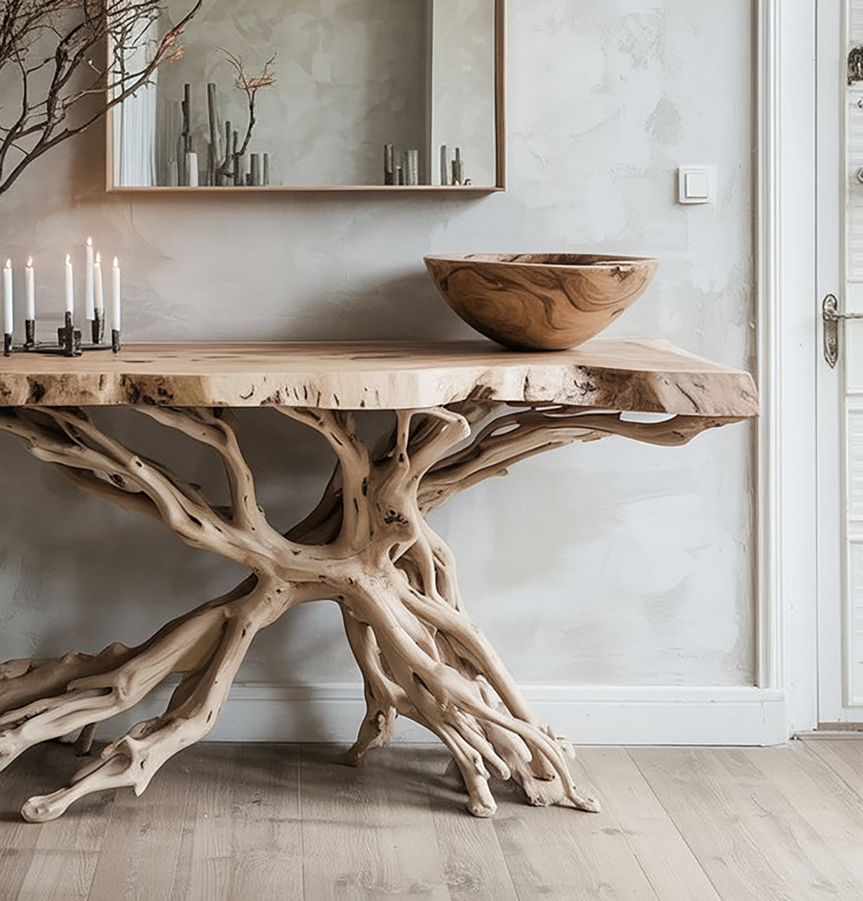 Live Edge Root Console Table – Handcrafted Natural Wood Entryway Table with Sculptural Base