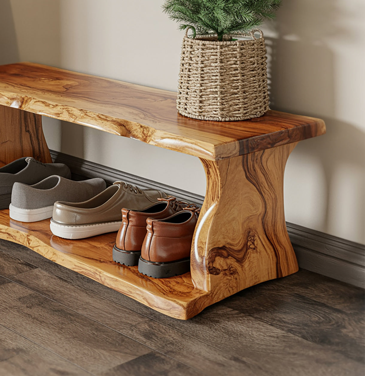 Rustic Wooden Shoe Bench – Handmade Solid Wood Entryway Organizer with Shelf