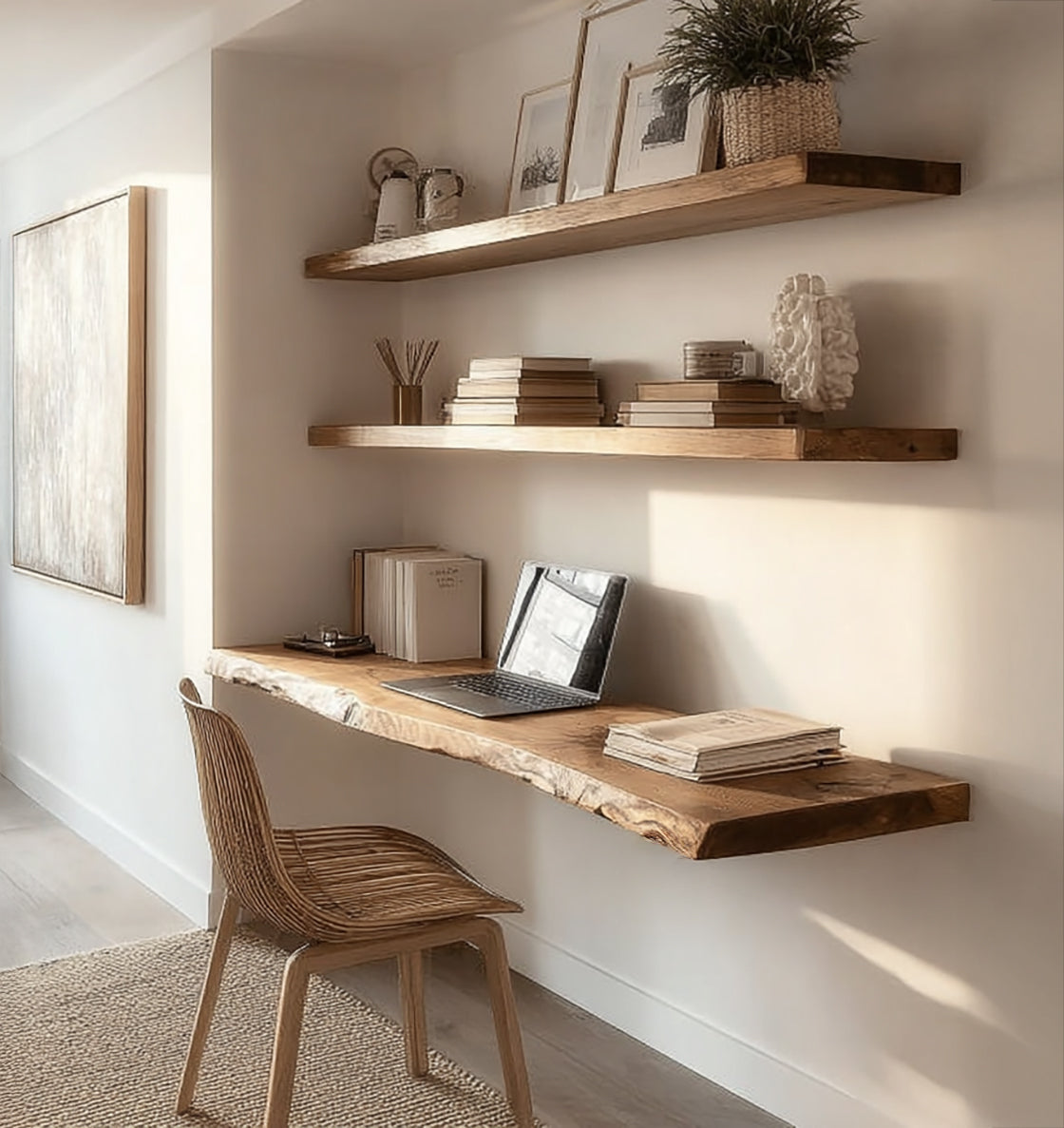 Handmade Live Edge Floating Desk – Rustic Wall Shelf Office Setup