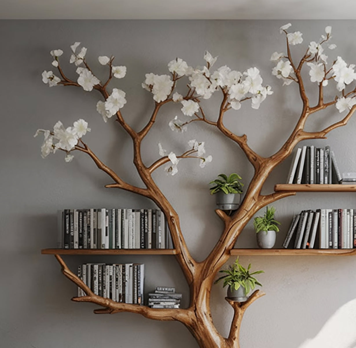 Blooming Tree Bookshelf – Handmade Wooden Wall Branch Shelf with White Flowers