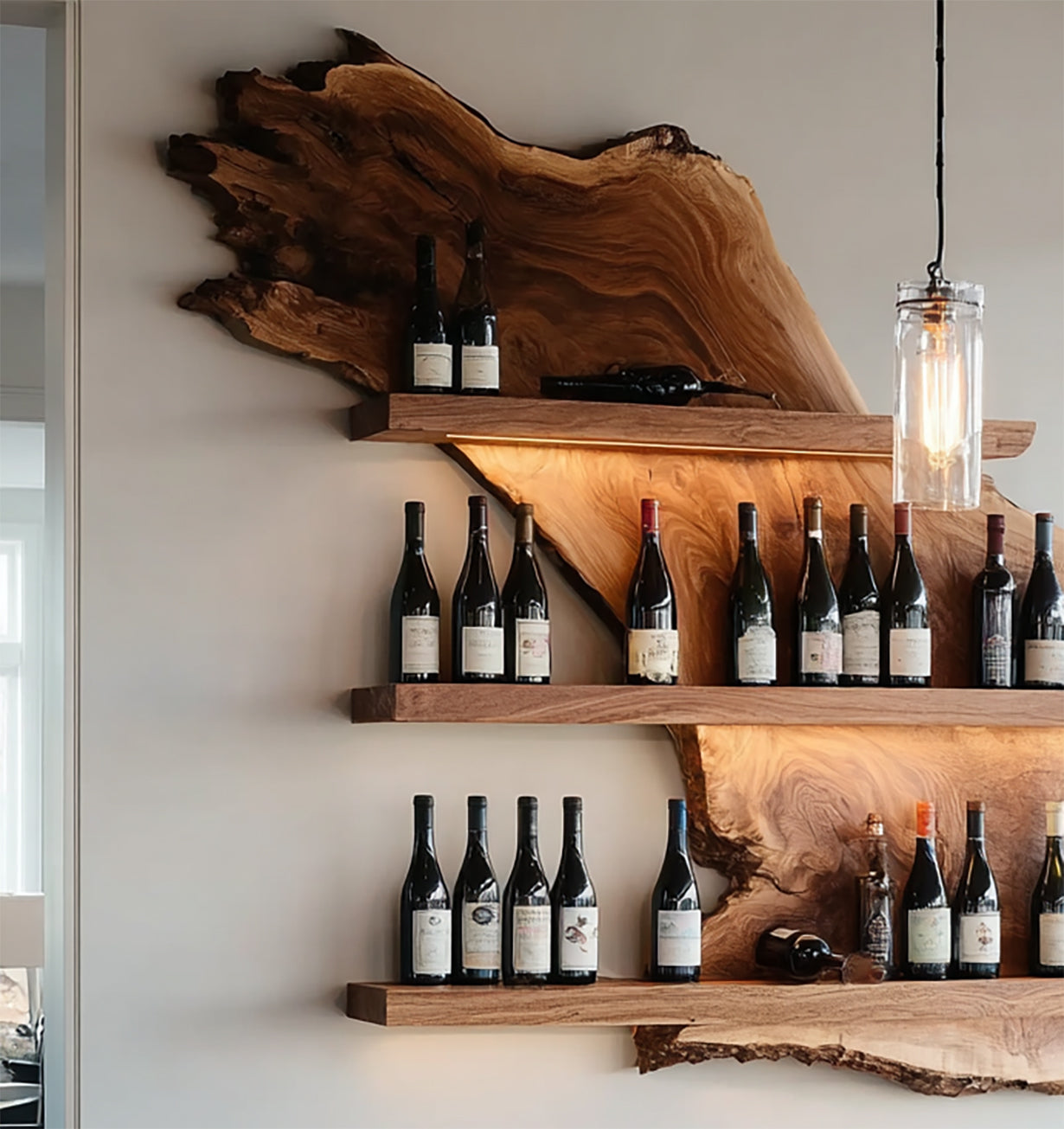 Live Edge Wooden Wine Rack Shelf – Handmade Solid Wood Wall Mounted Display