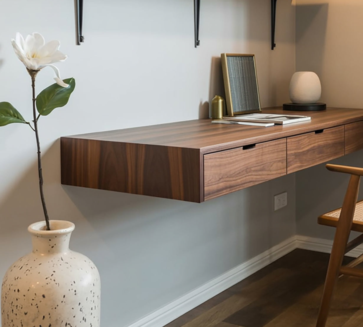 Modern Floating Wooden Wall Desk with Storage Drawers – Minimalist Home Office
