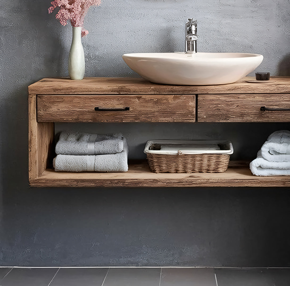 Rustic Floating Wooden Bathroom Vanity with Open Storage – Handmade Solid Wood Design